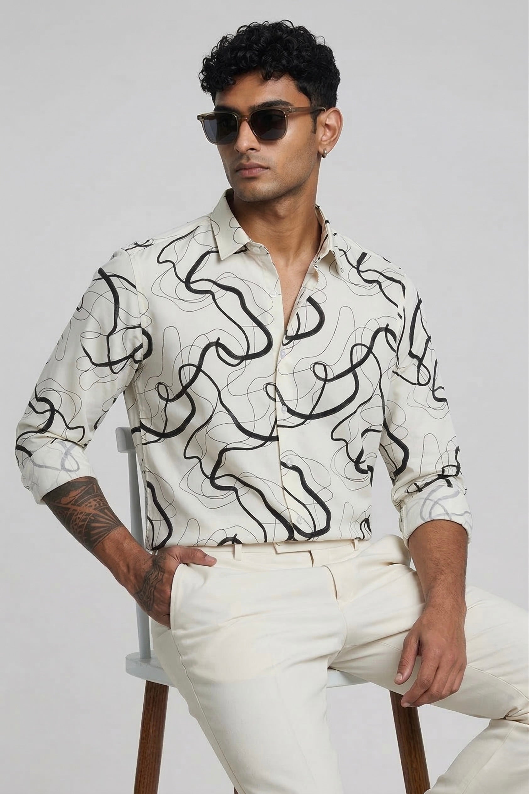 Threaded Minimal Line Abstract Rayon Shirt - Modern Streetwear Edition