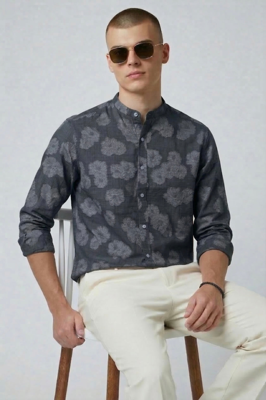 Threaded Charcoal Floral Textured Cotton Shirt