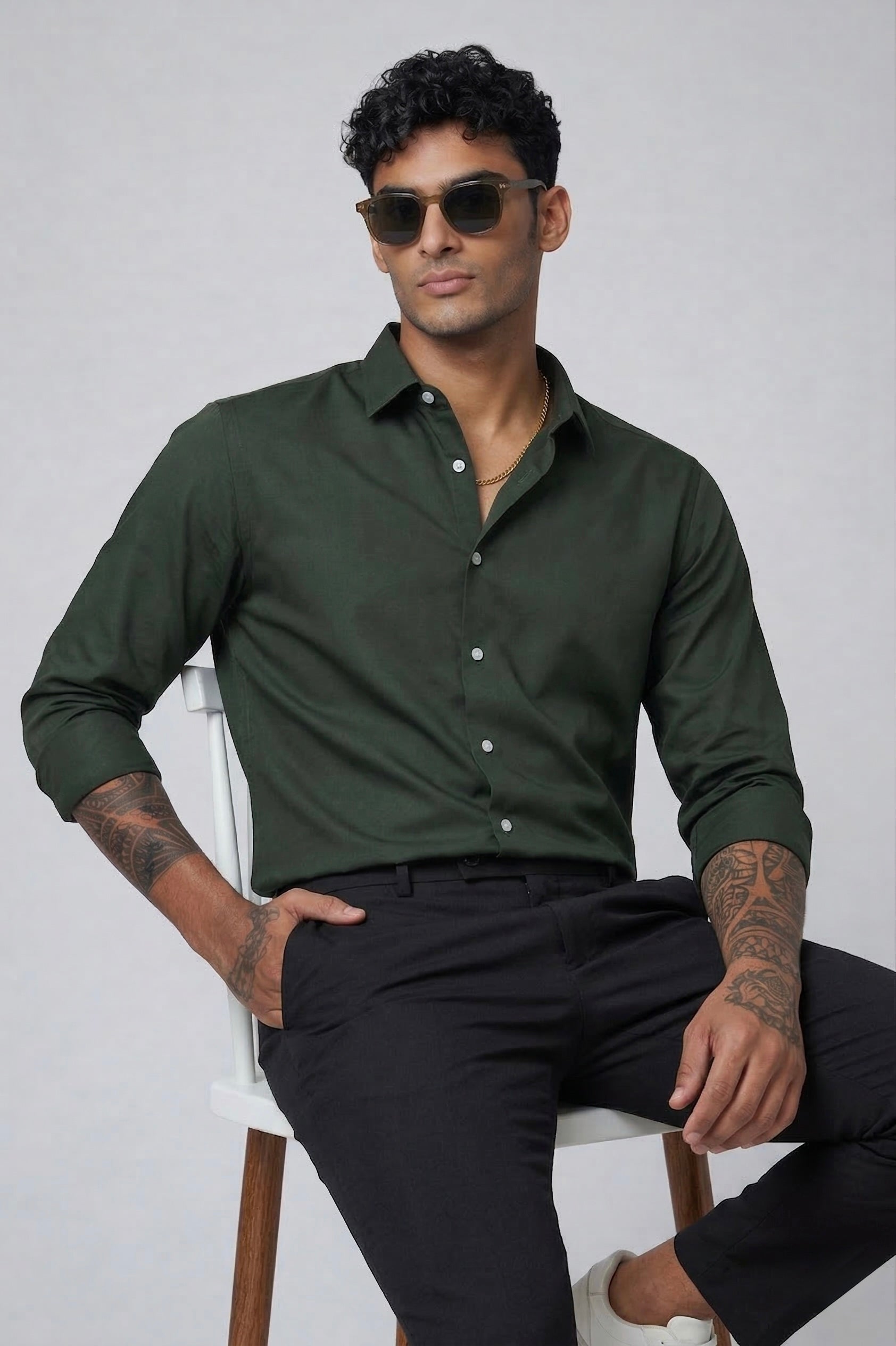 Threaded Forest Green Armani Fabric Shirt - Premium Minimal Streetwear