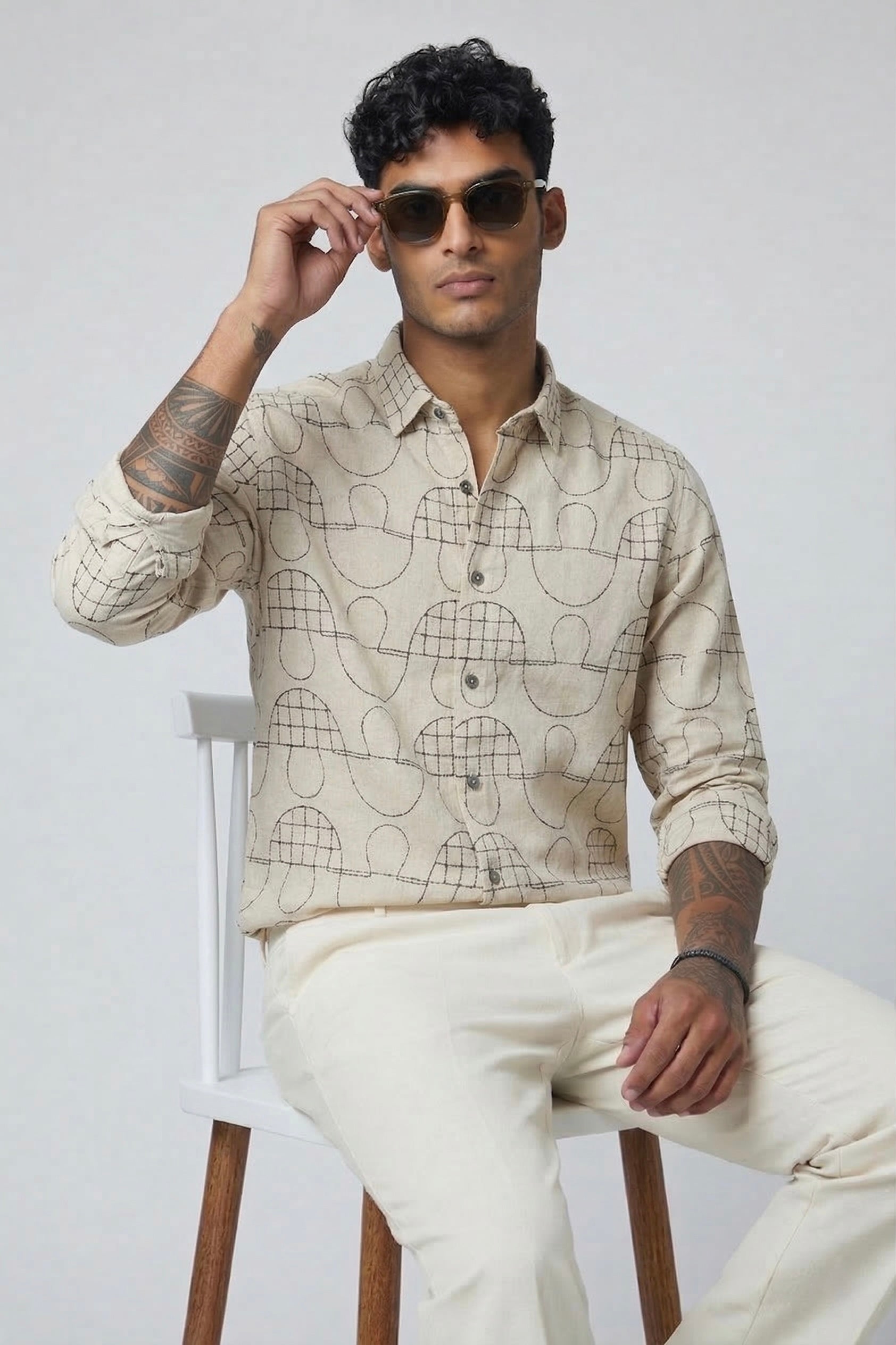 Threaded Geometric Embroidered Cotton Shirt - Premium Textured Streetwear