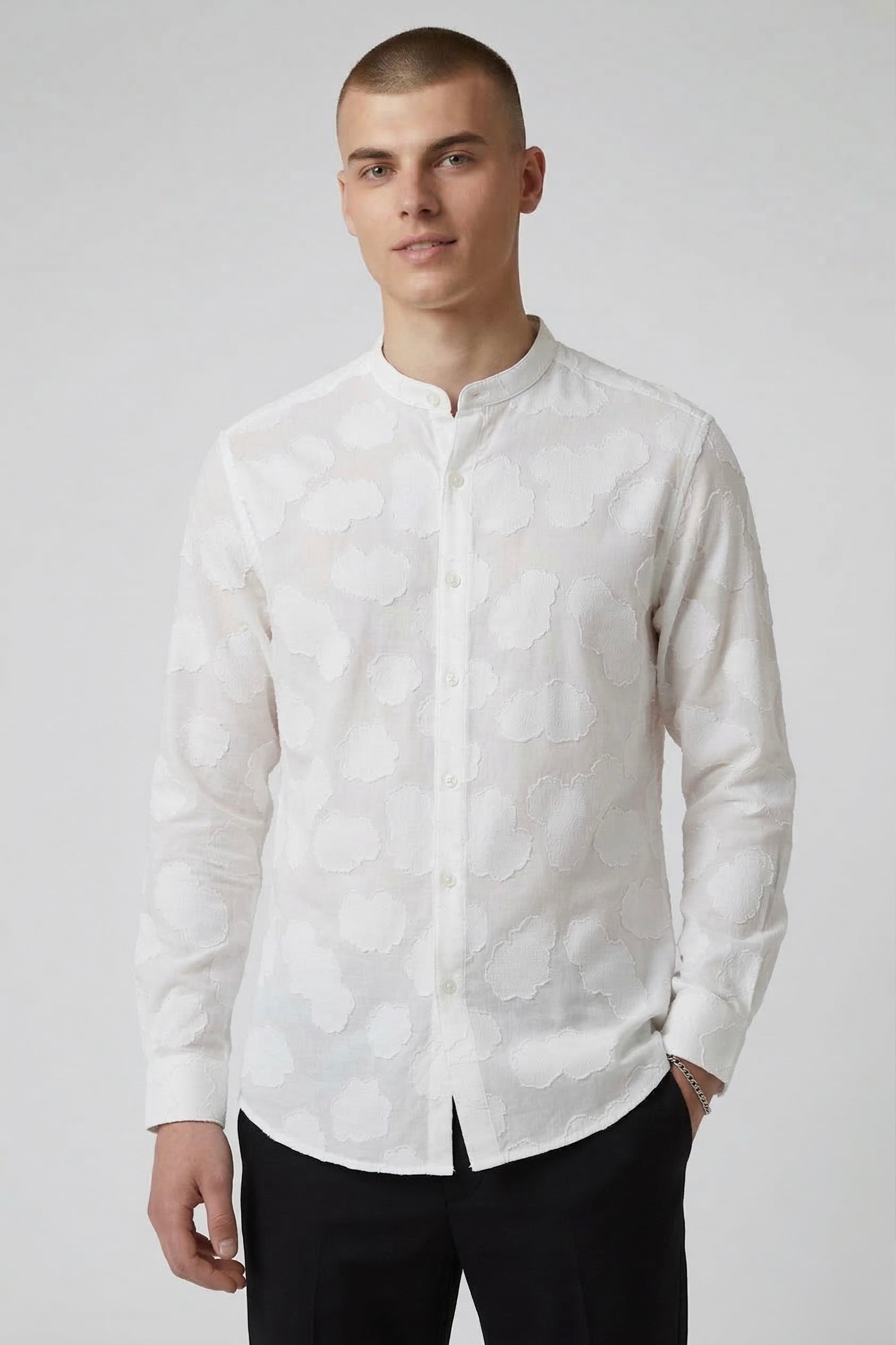 Threaded White Textured Cotton Shirt