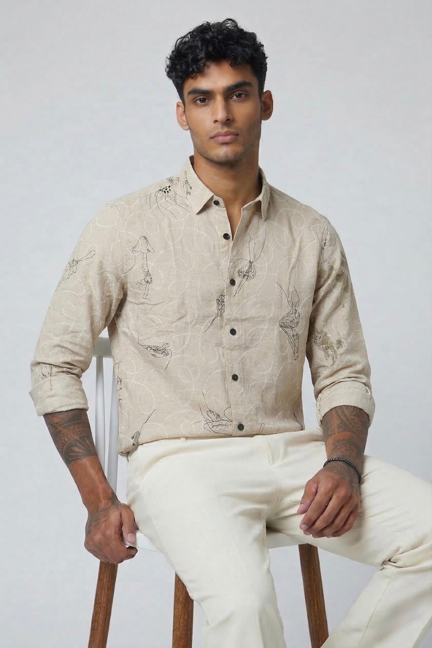 Threaded Beige Embroidered Cotton Shirt - Premium Textured Streetwear