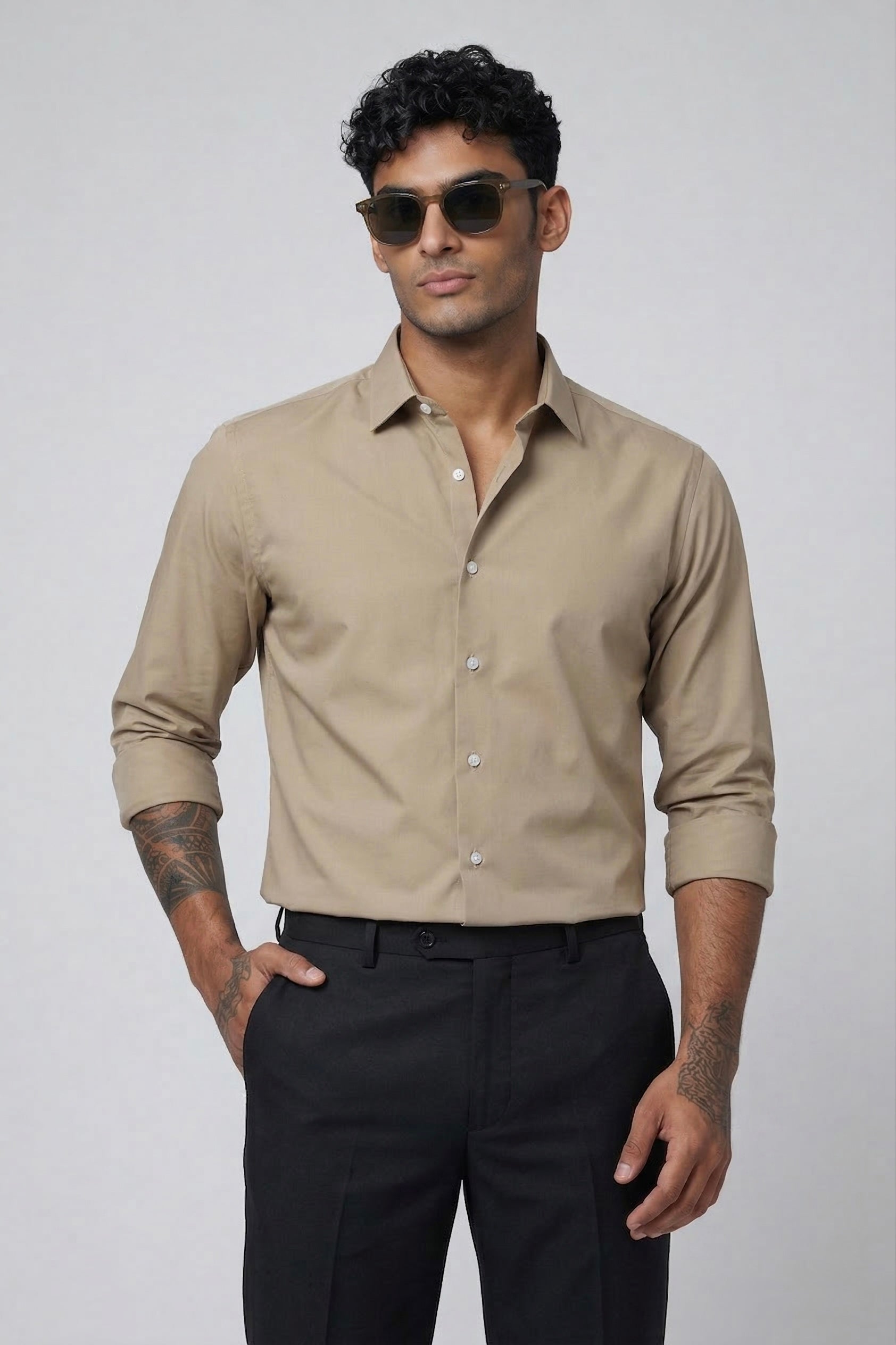 Threaded Beige Armani Fabric Shirt - Premium Minimal Streetwear