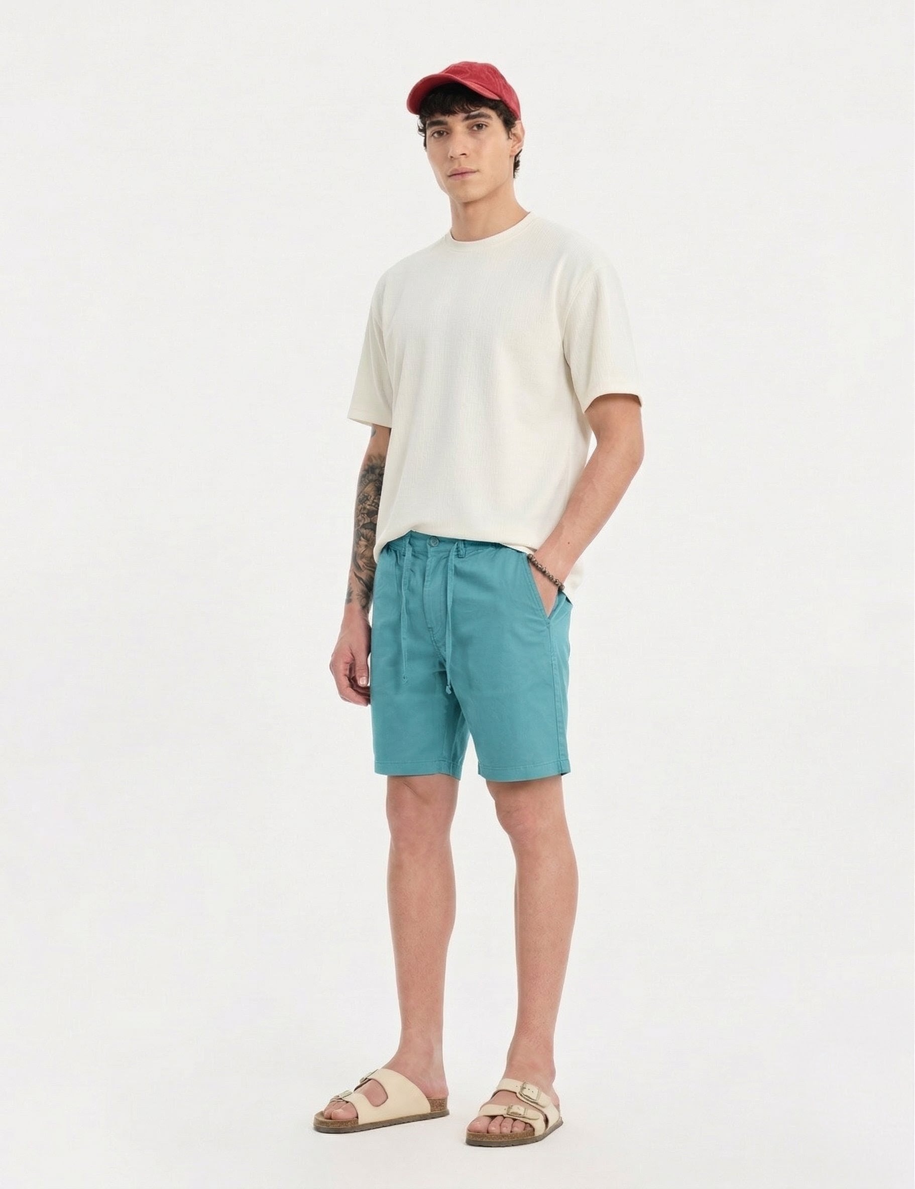 Threaded Aqua Cotton Stretch Shorts