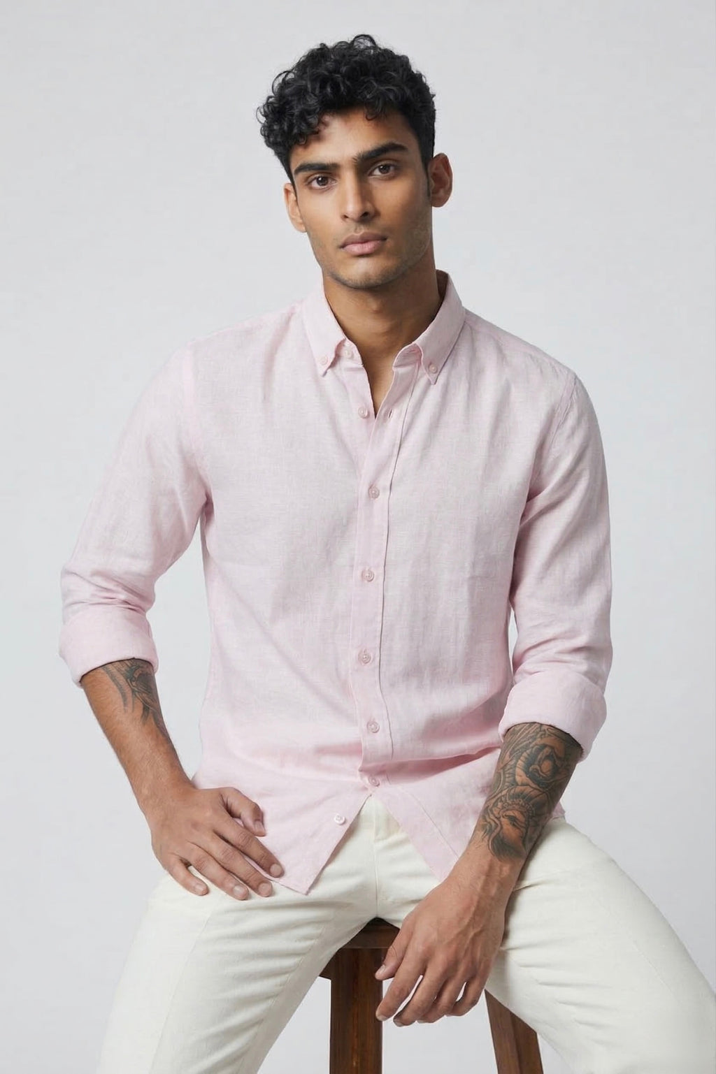 Threaded Light Pink Linen Shirt