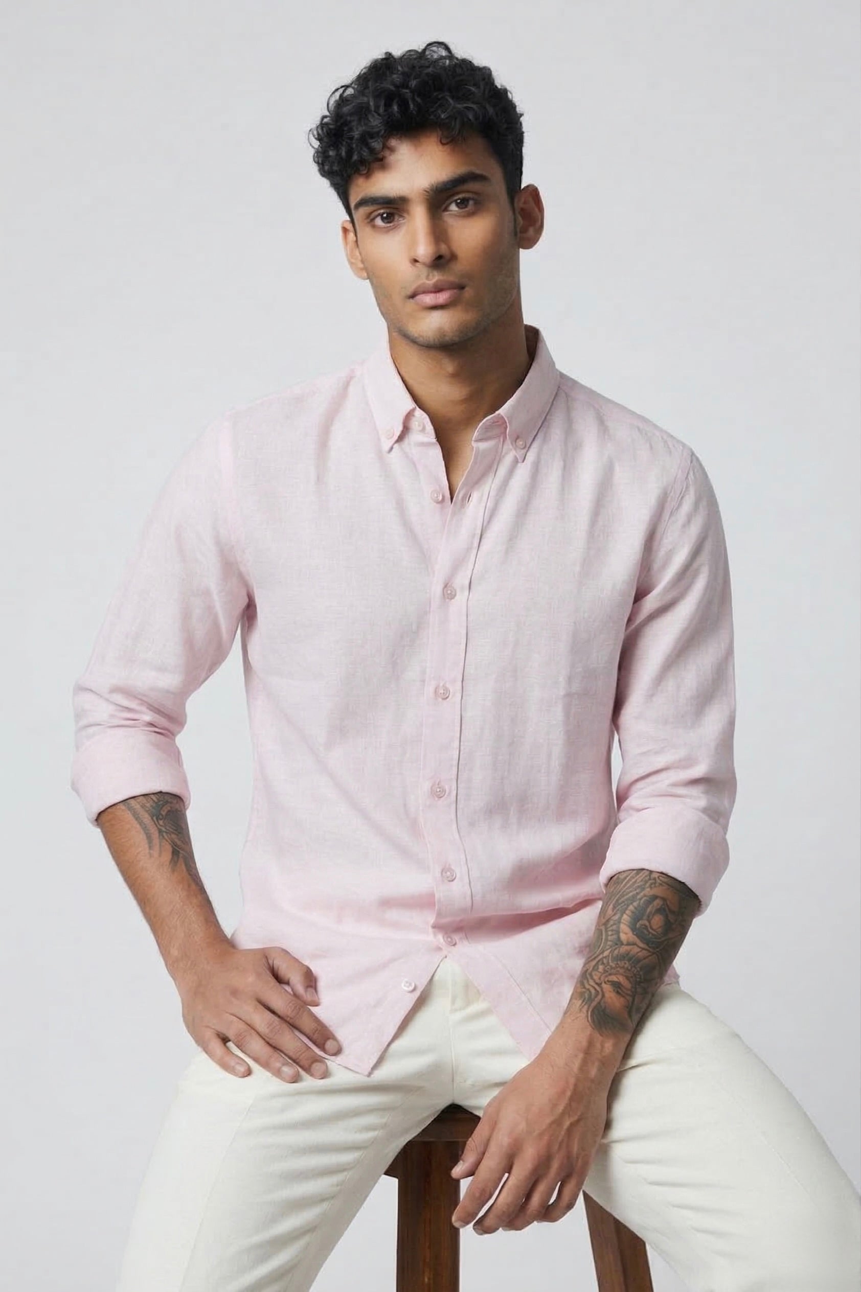 Threaded Light Pink Linen Shirt