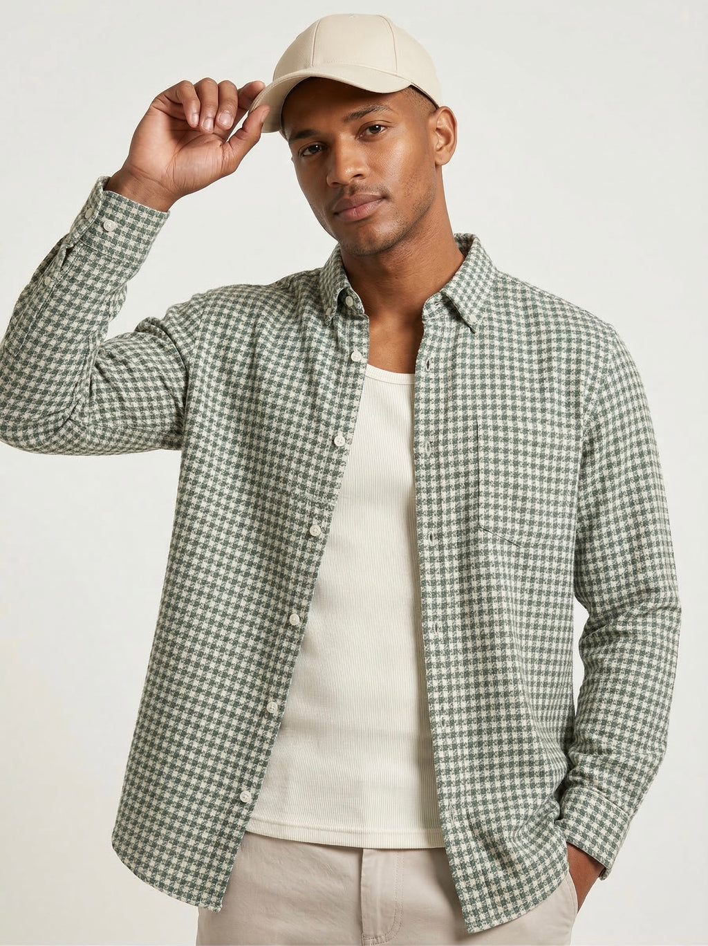 Threaded Brushed Check Shirt - Olive Beige Regular Fit