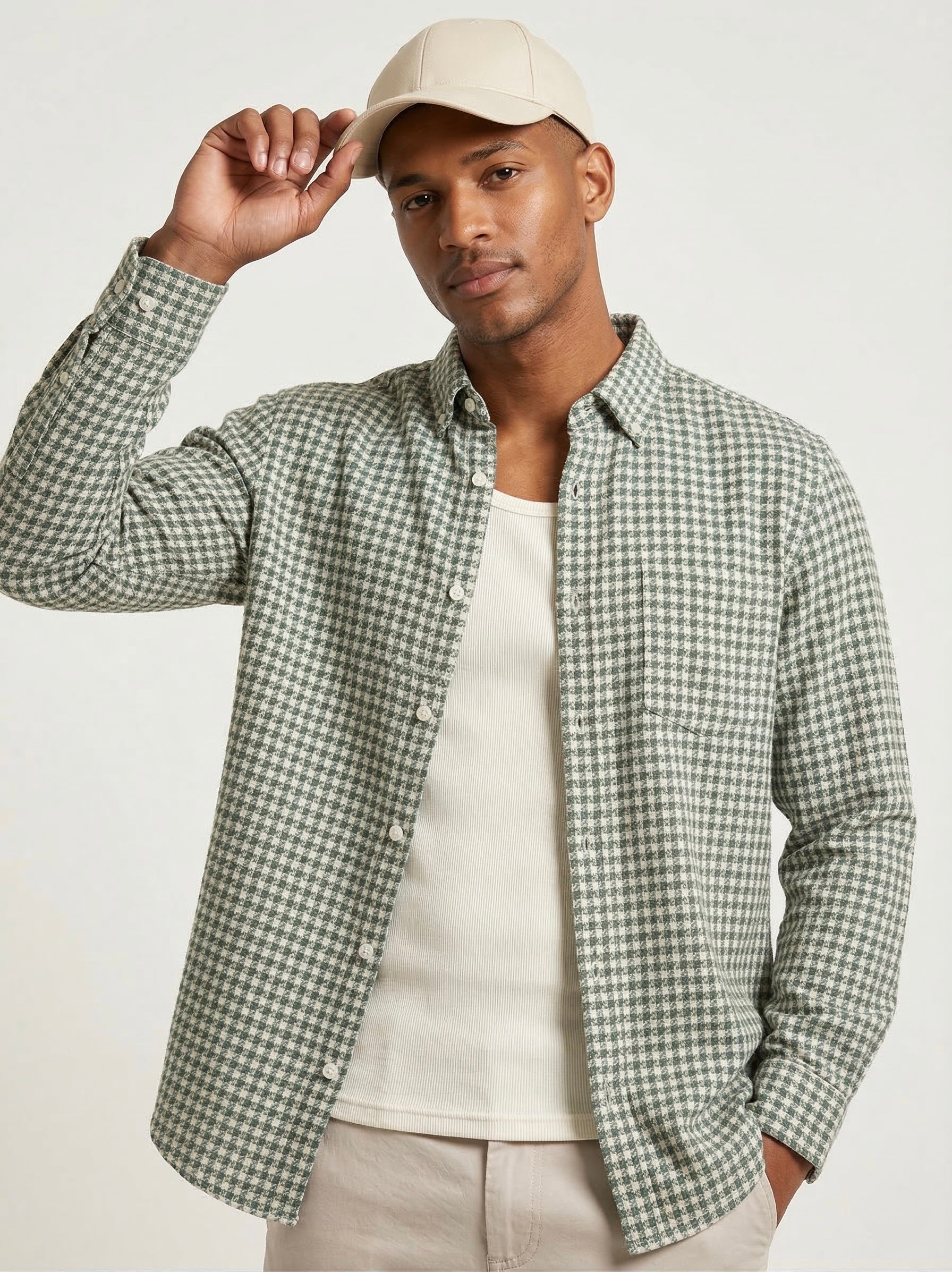 Threaded Brushed Check Shirt - Olive Beige Regular Fit