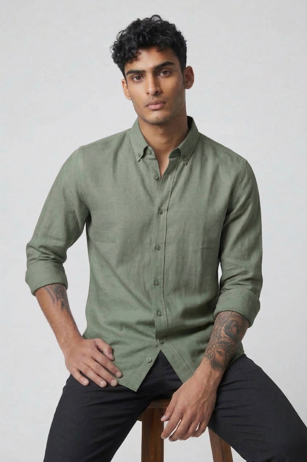 Threaded Olive Green Linen Shirt