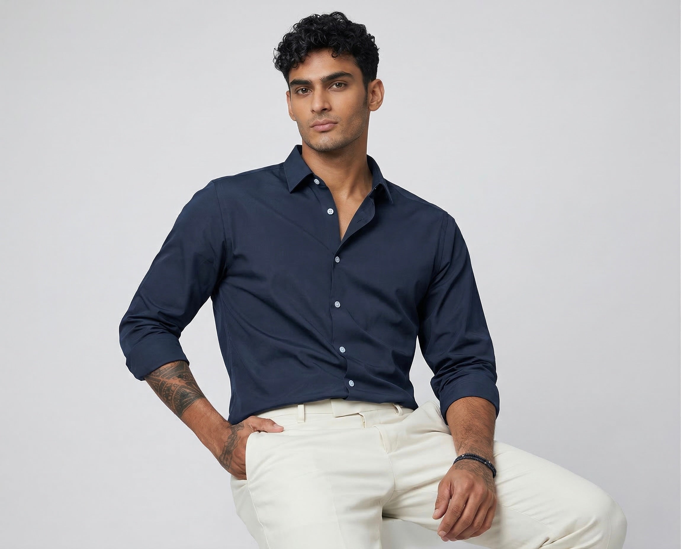 Men’s Navy Blue Armani Fabric Regular Fit Shirt – Premium Minimal Streetwear