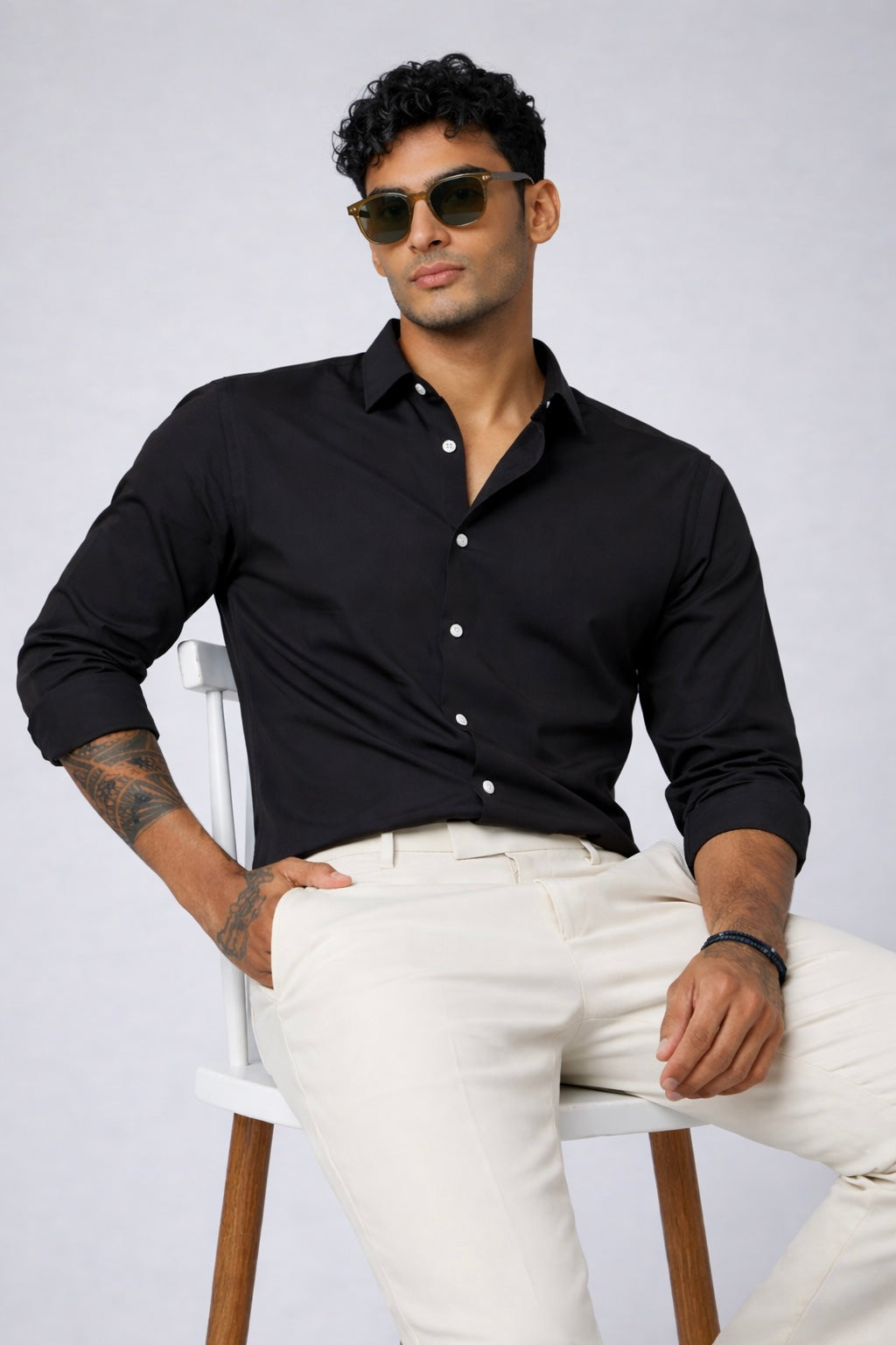 Threaded Black Armani Fabric Shirt - Premium Minimal Streetwear