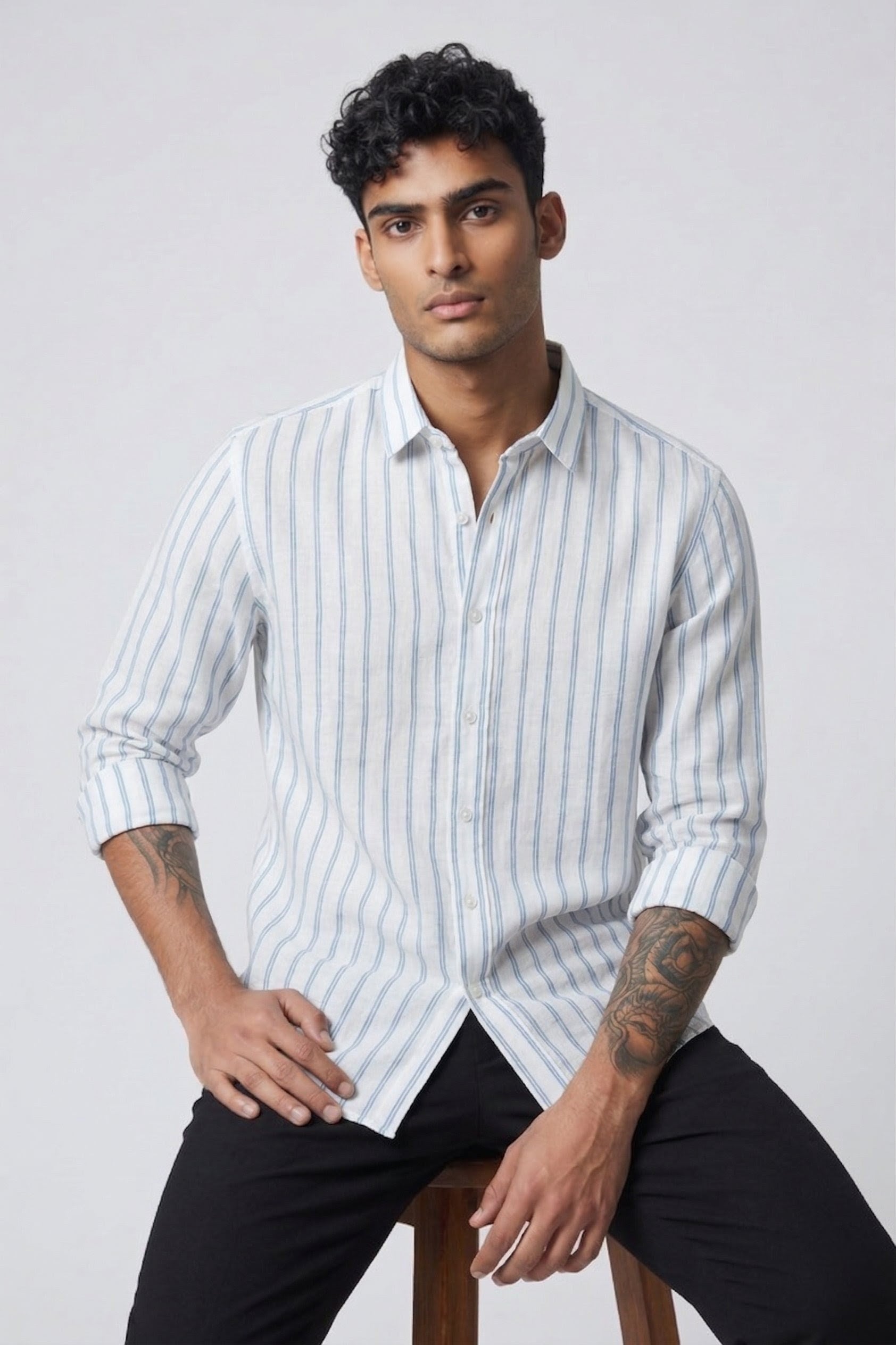 Threaded Sky Blue Stripe Linen Cotton Shirt