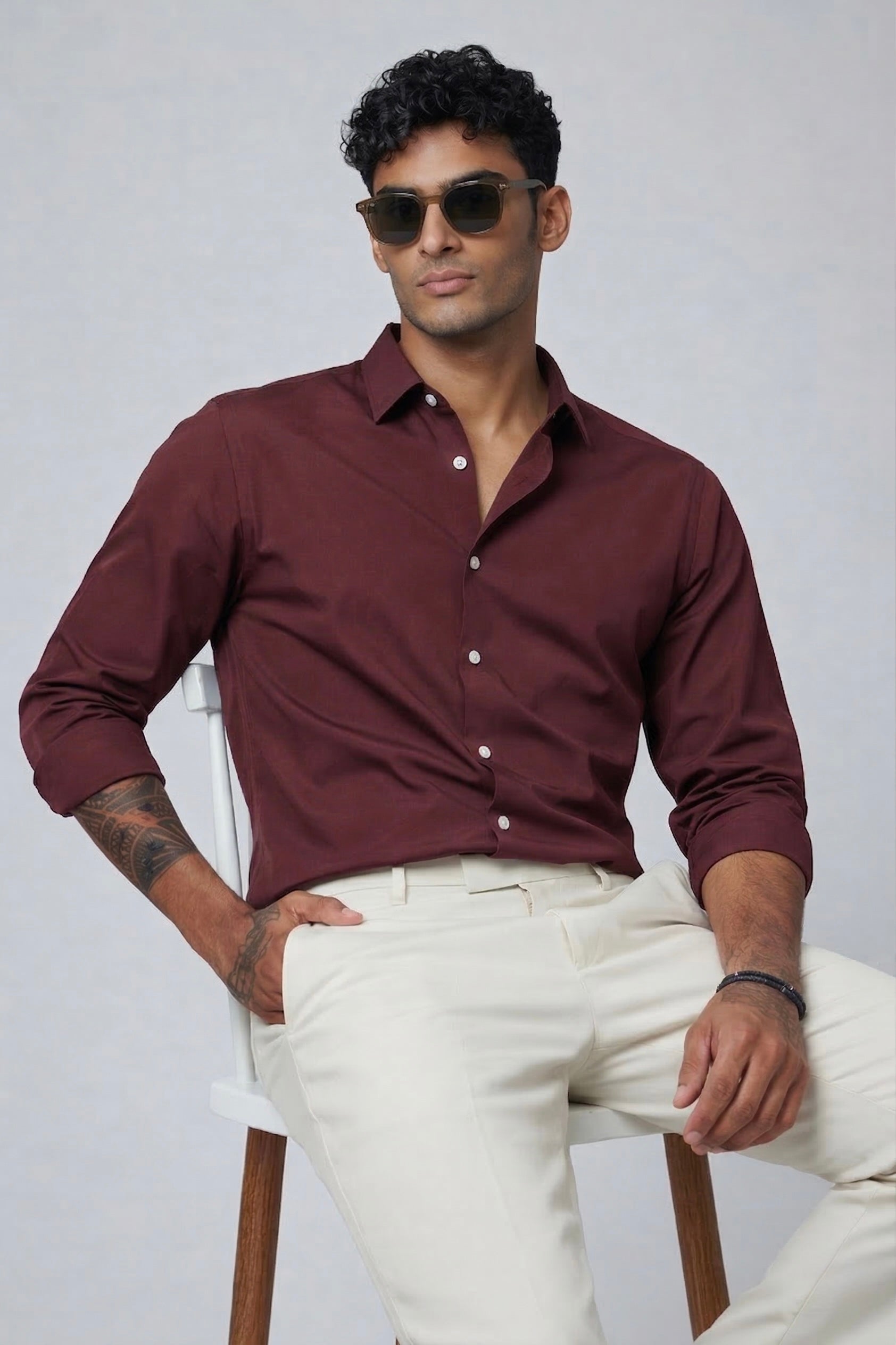 Threaded Burgundy Armani Fabric Shirt - Premium Minimal Streetwear
