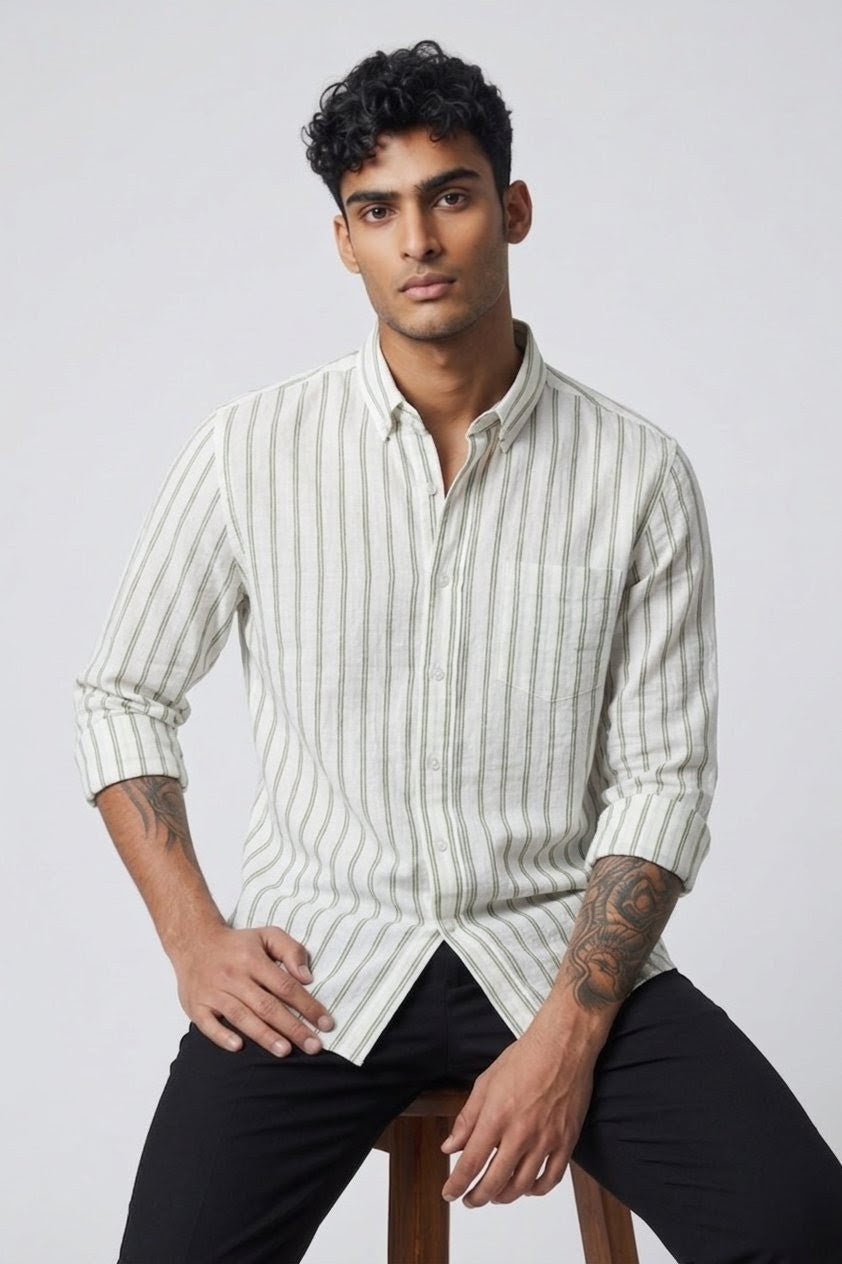 Threaded Olive Stripe Linen Cotton Shirt