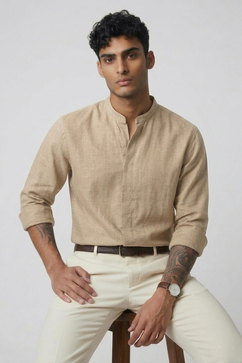 Threaded Desert Sand Linen-Blend Mandarin Shirt