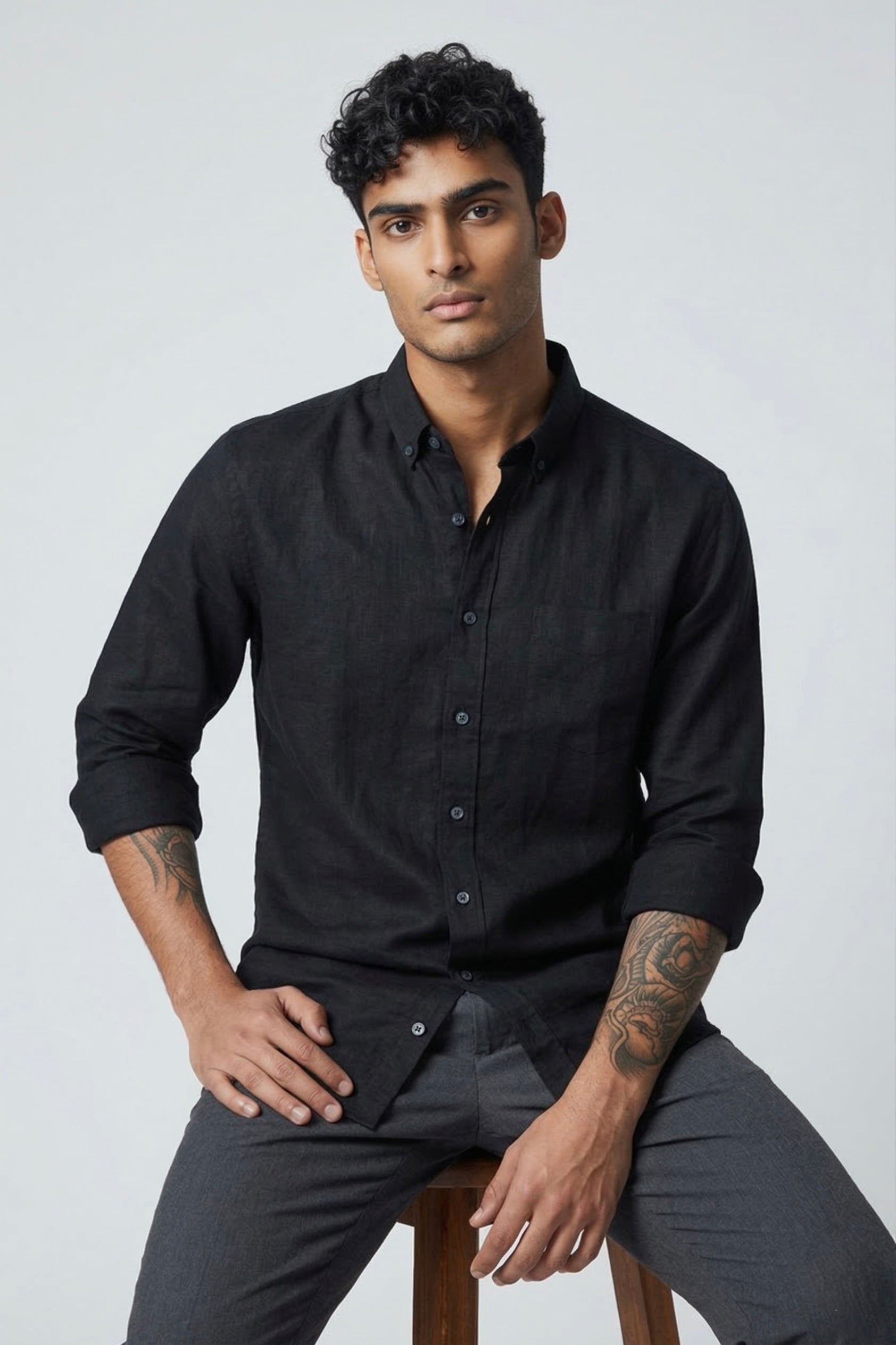 Threaded Black Linen Shirt