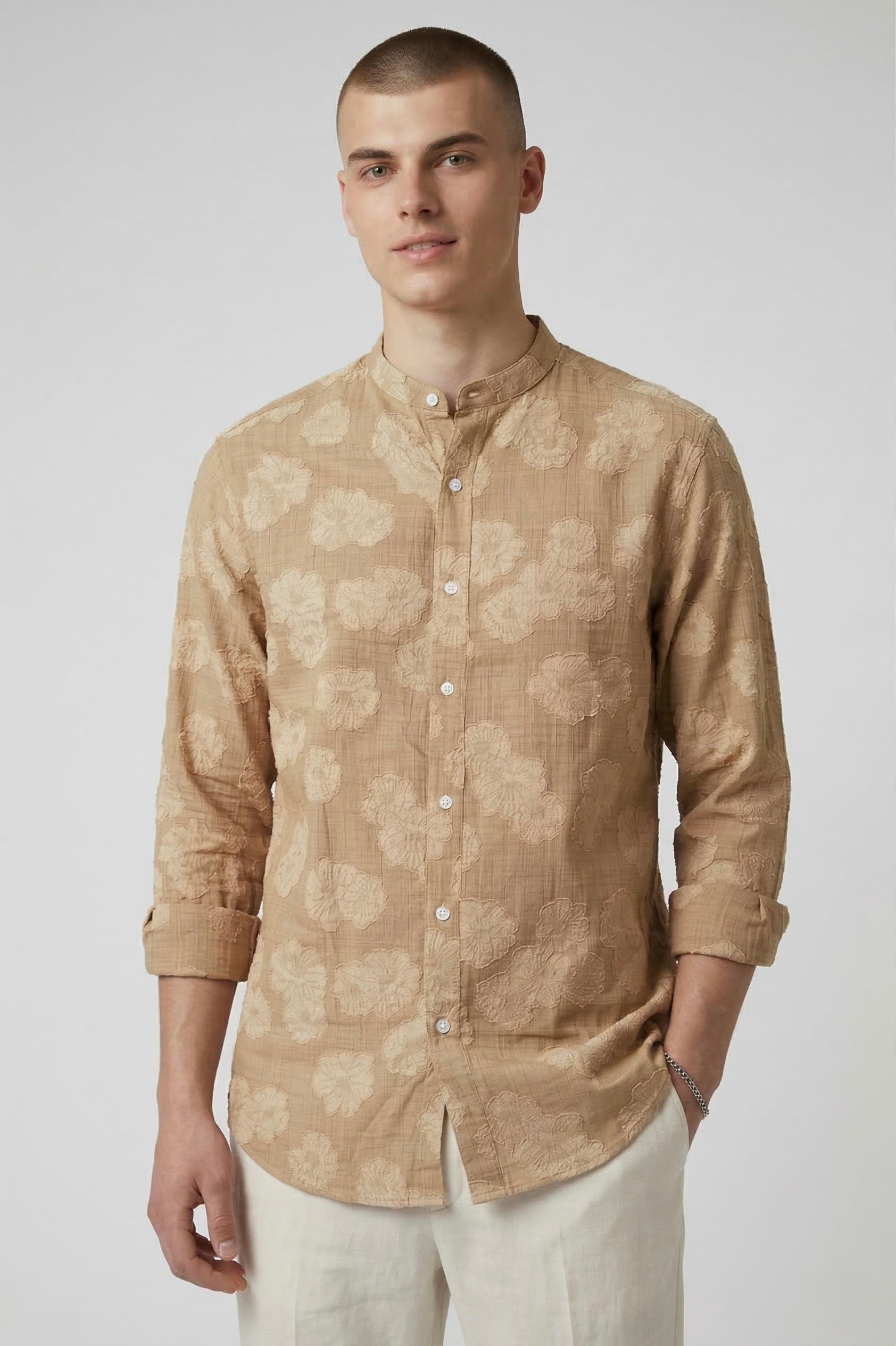 Threaded Beige Floral Textured Cotton Shirt