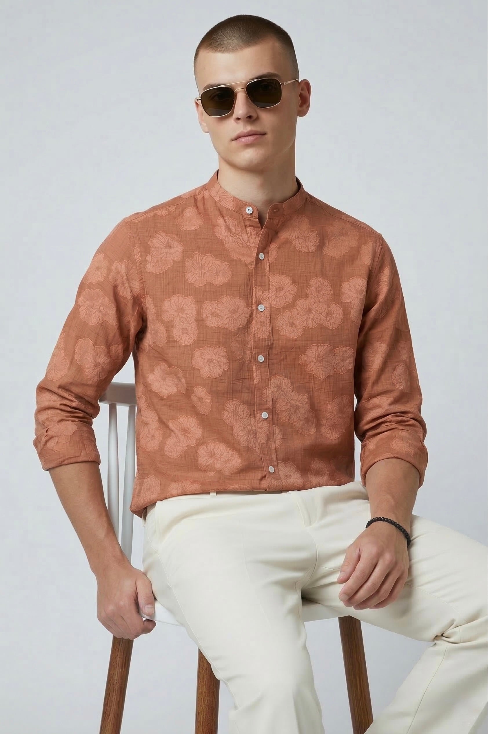 Threaded Rust Floral Textured Cotton Shirt