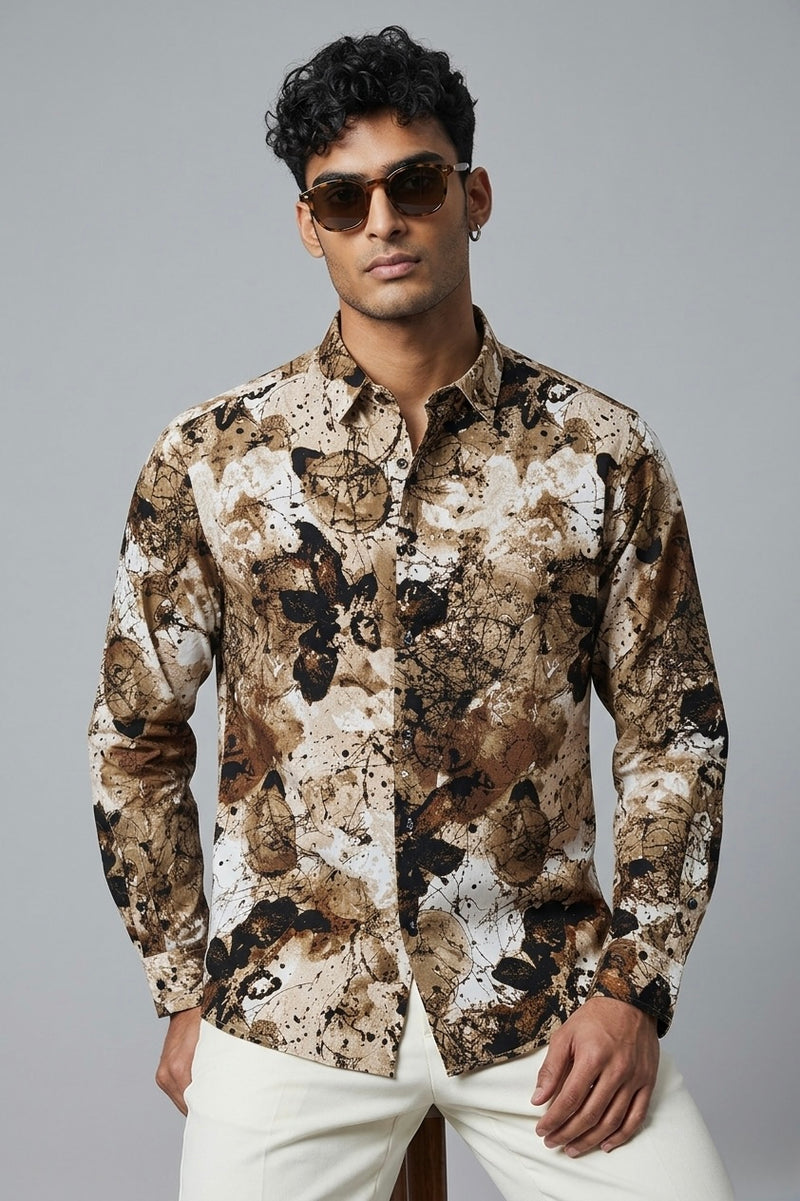 Model wearing the Threaded Earth Tone Abstract Print Rayon Shirt