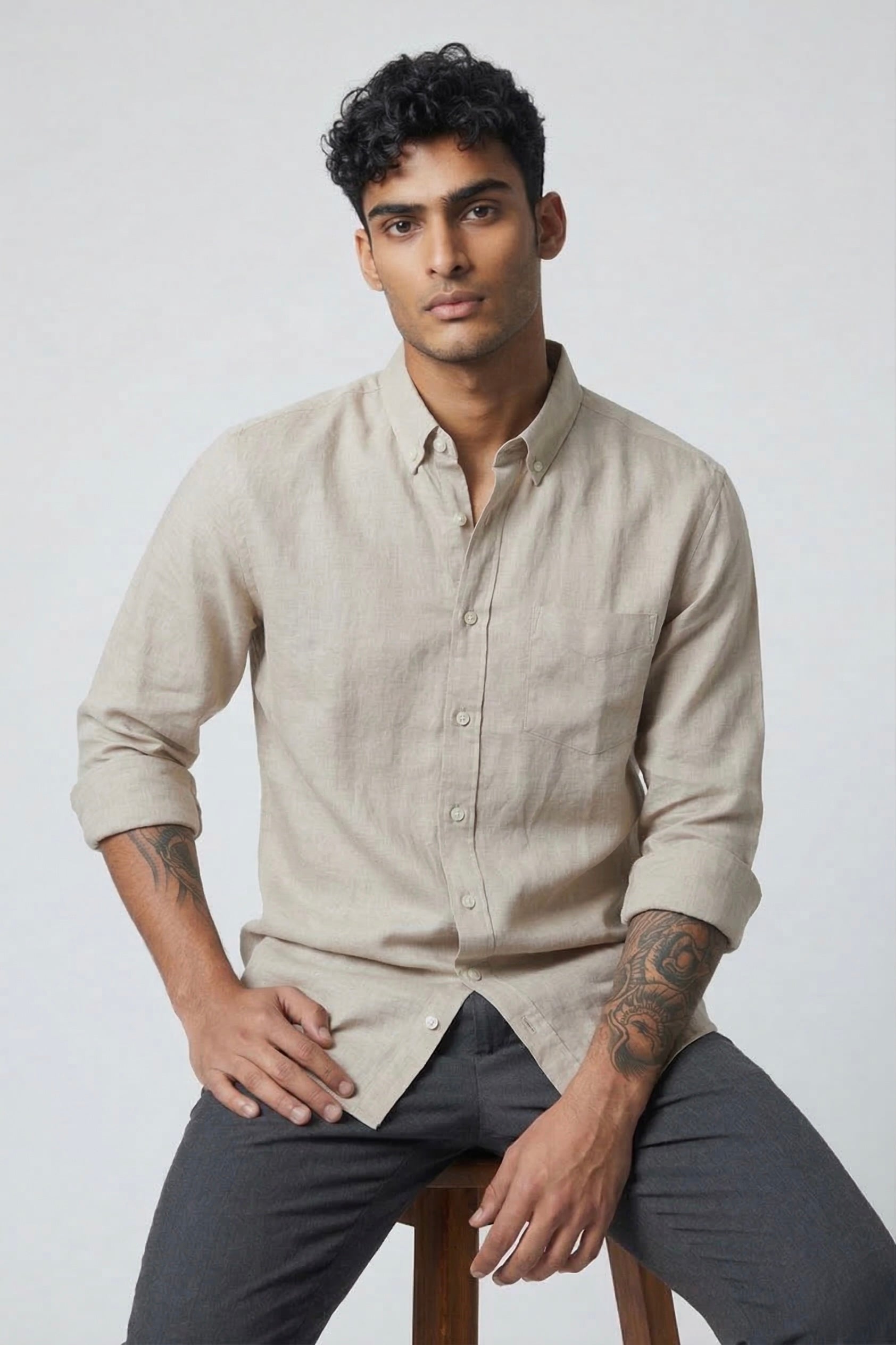 Threaded Beige Linen Shirt
