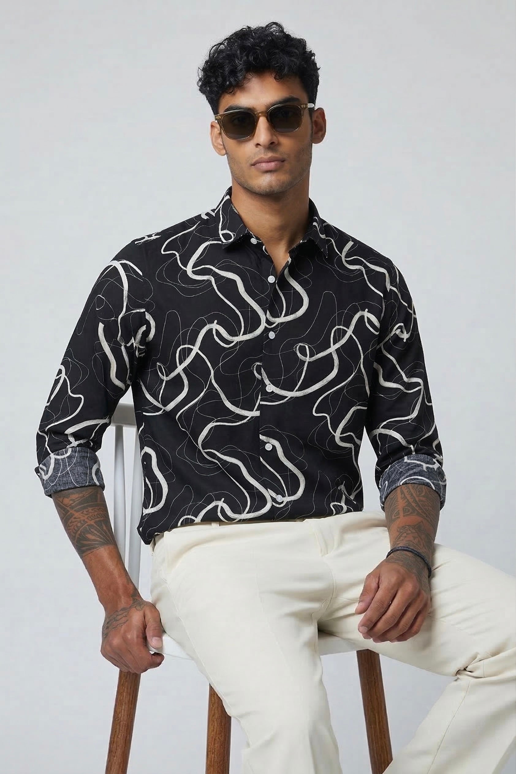 Threaded Black Minimal Line Abstract Rayon Shirt - Modern Streetwear Edition