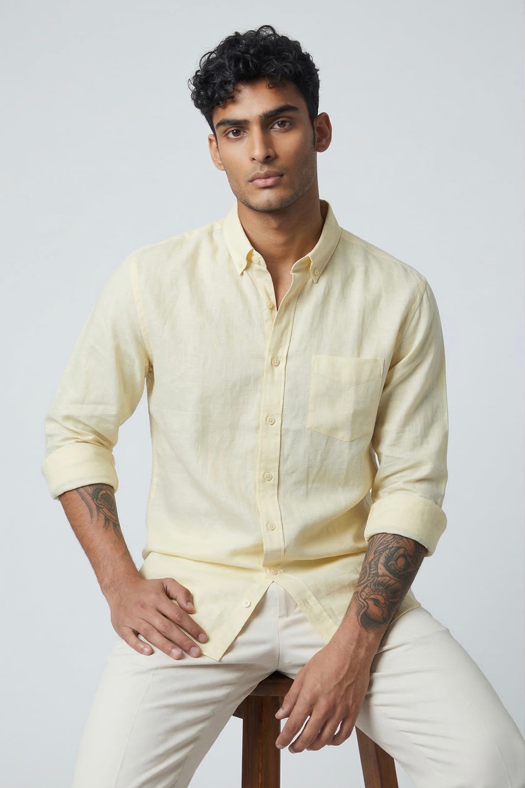 Threaded Light Yellow Linen Shirt