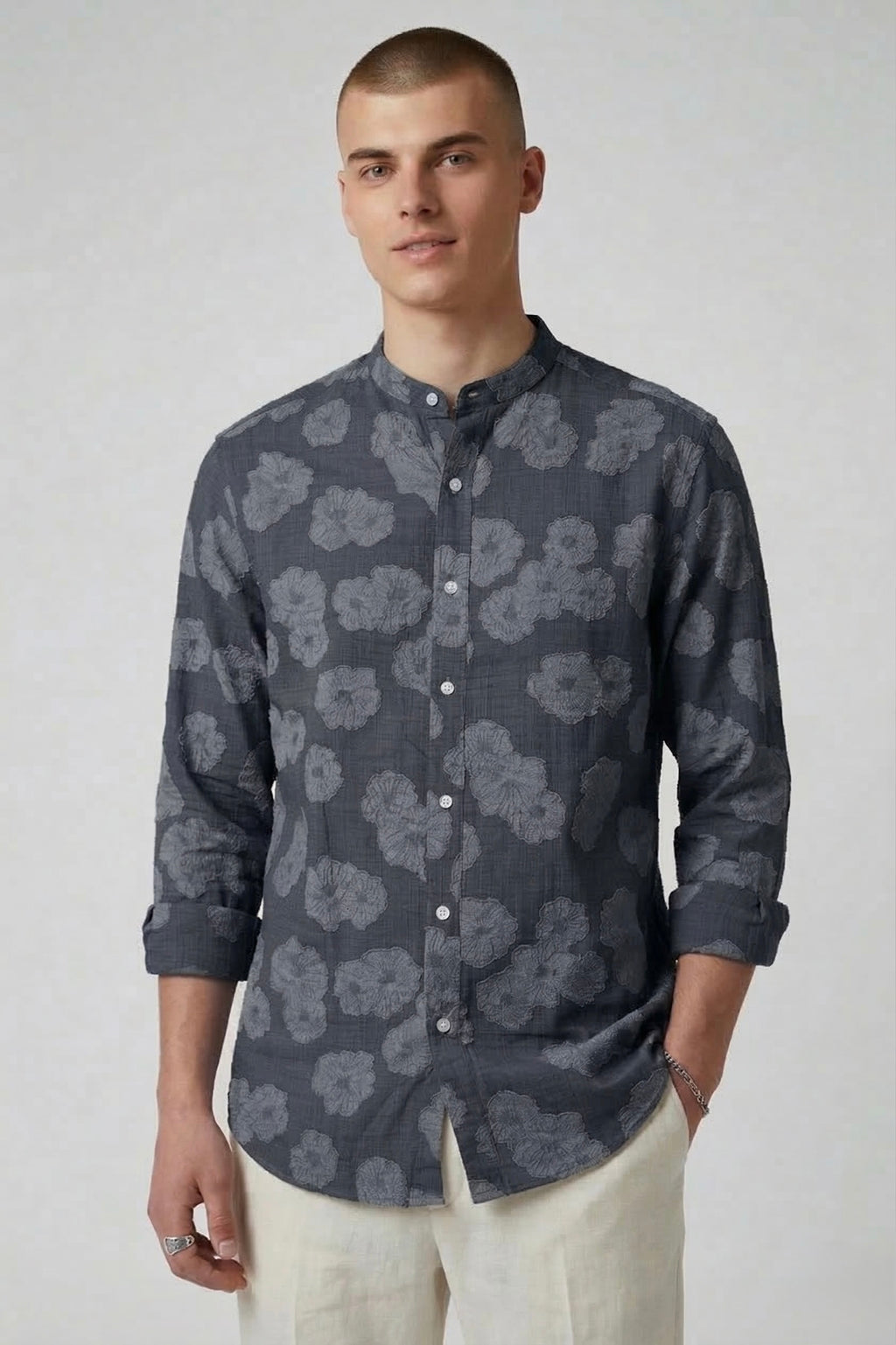 Threaded Charcoal Floral Textured Cotton Shirt