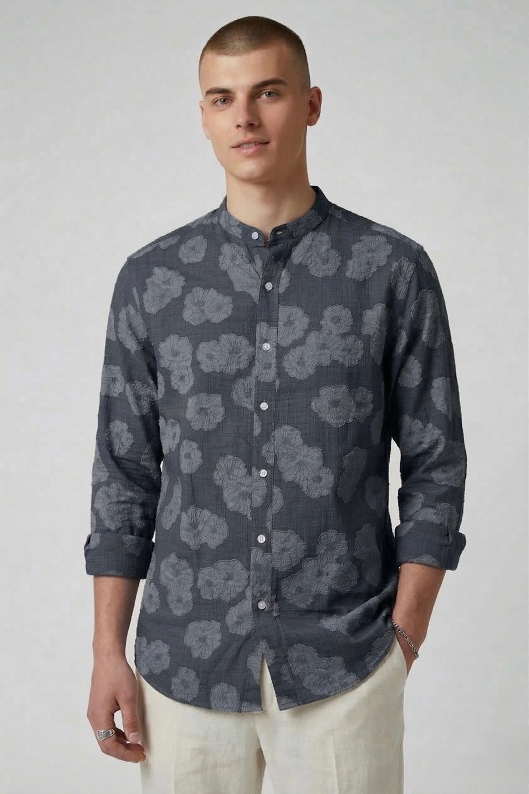 Threaded Charcoal Floral Textured Cotton Shirt