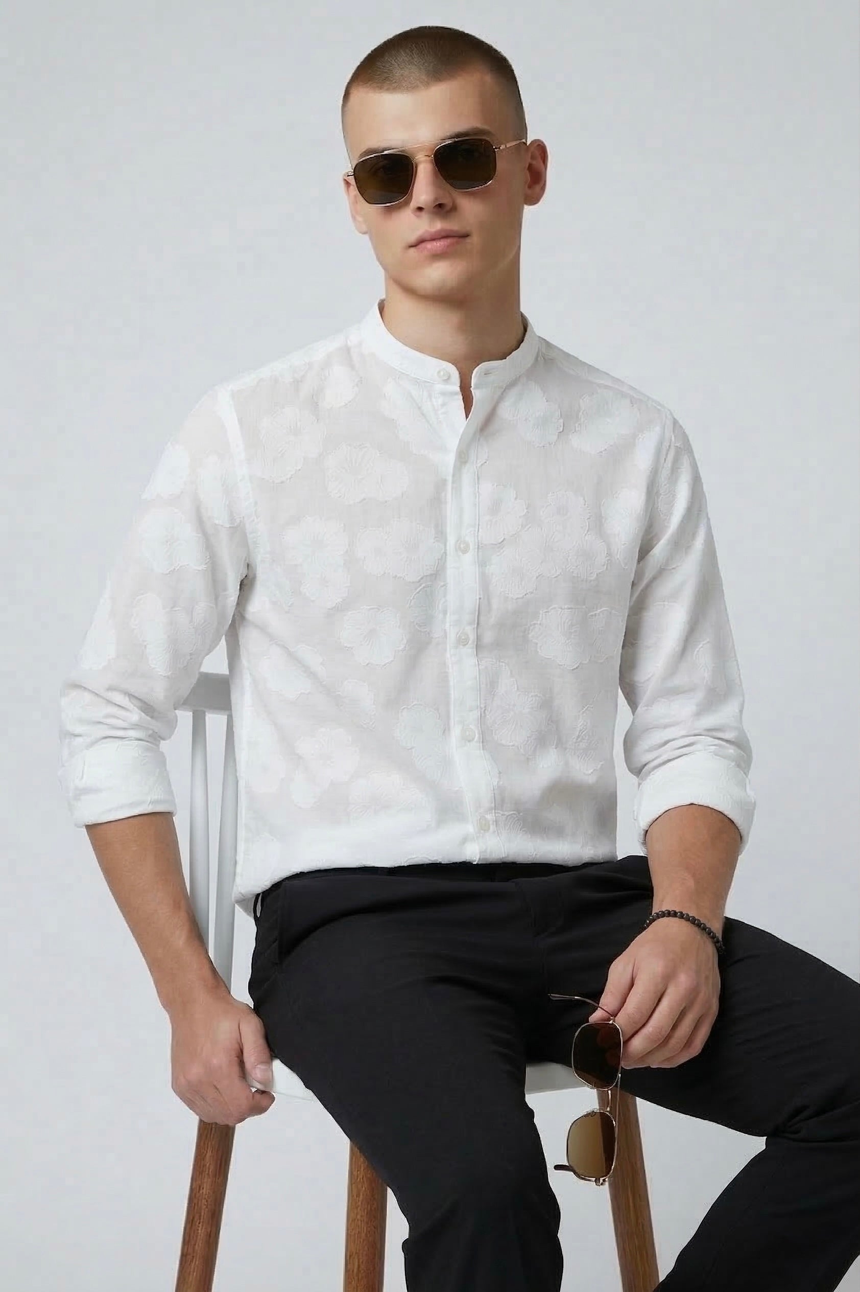 Threaded White Textured Cotton Shirt