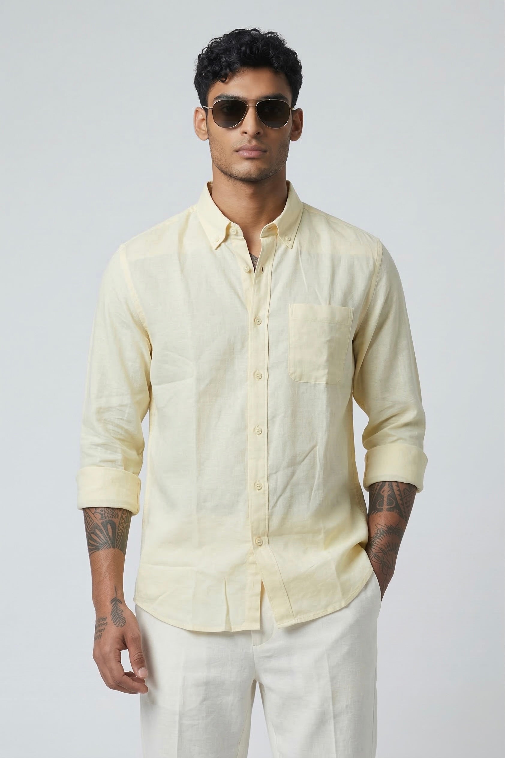 Threaded Light Yellow Linen Shirt