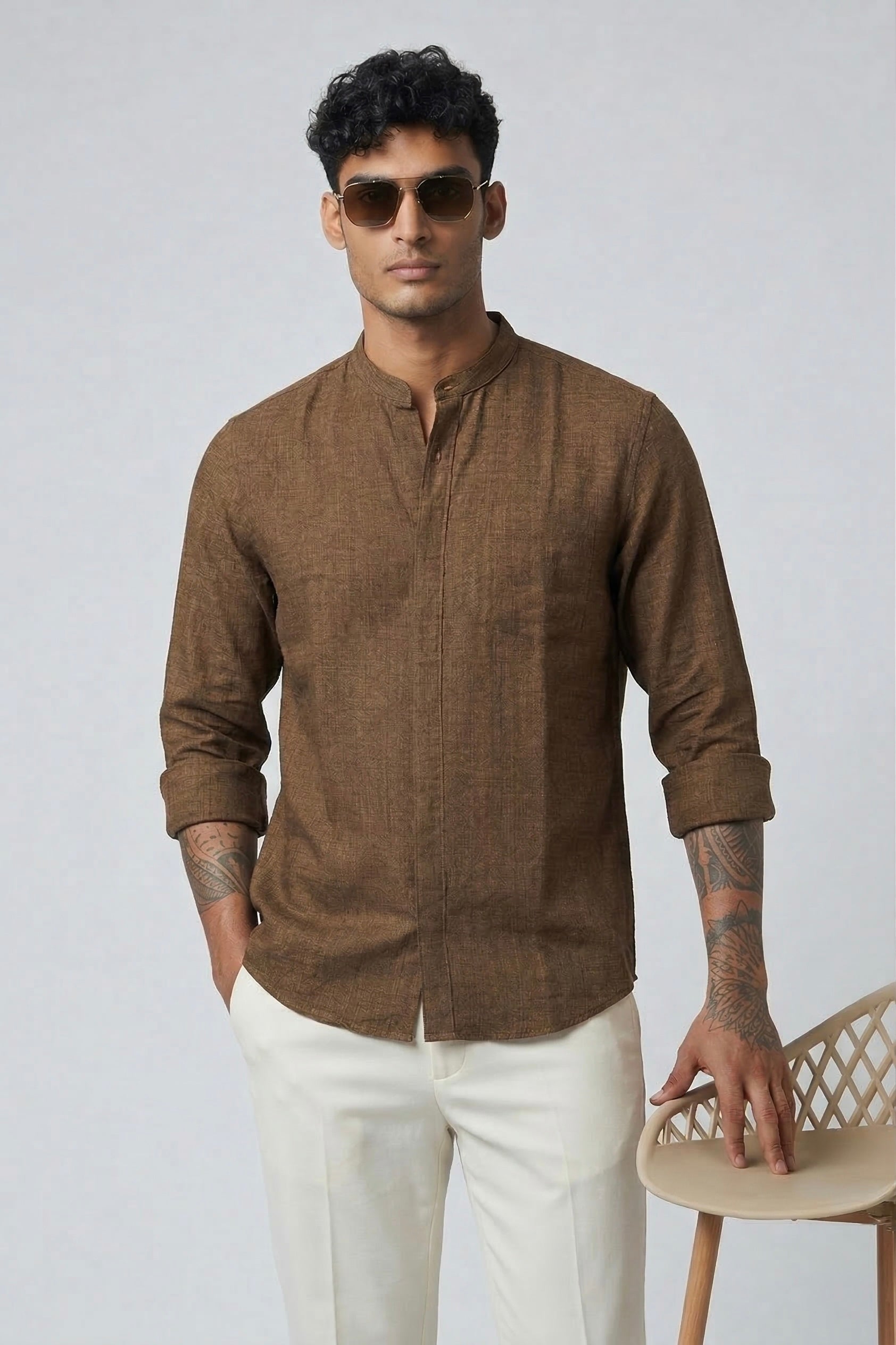 Threaded Mandarin Collar Cotton Shirt