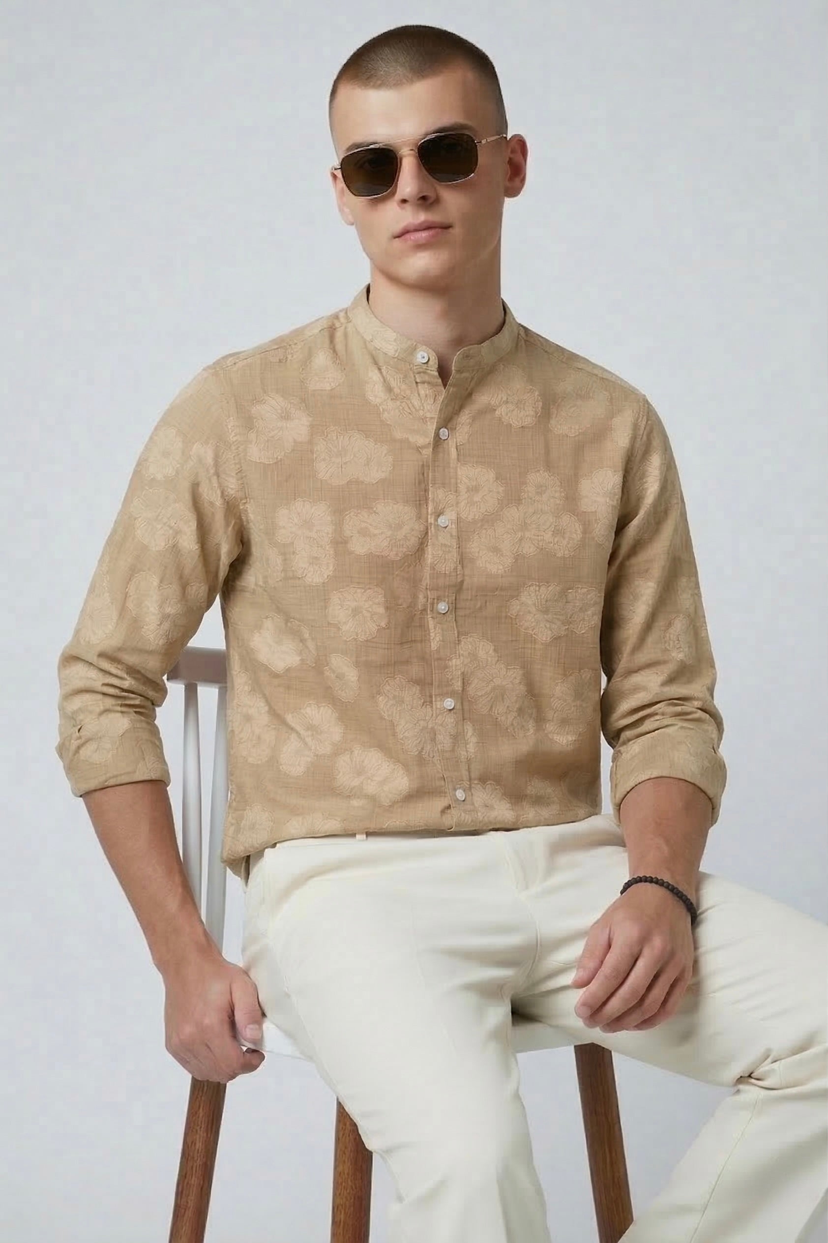 Threaded Beige Floral Textured Cotton Shirt