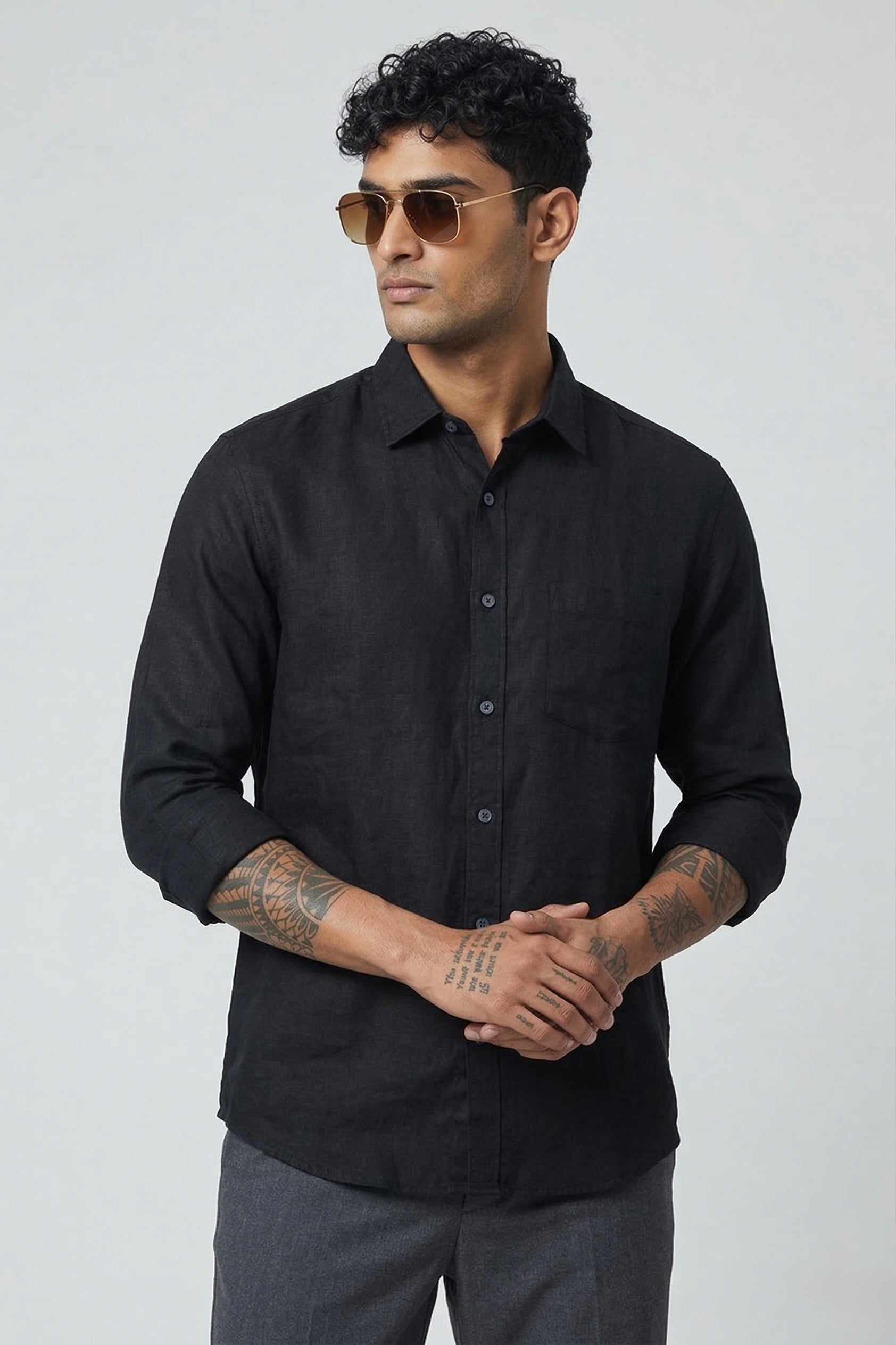 Threaded Black Linen Shirt