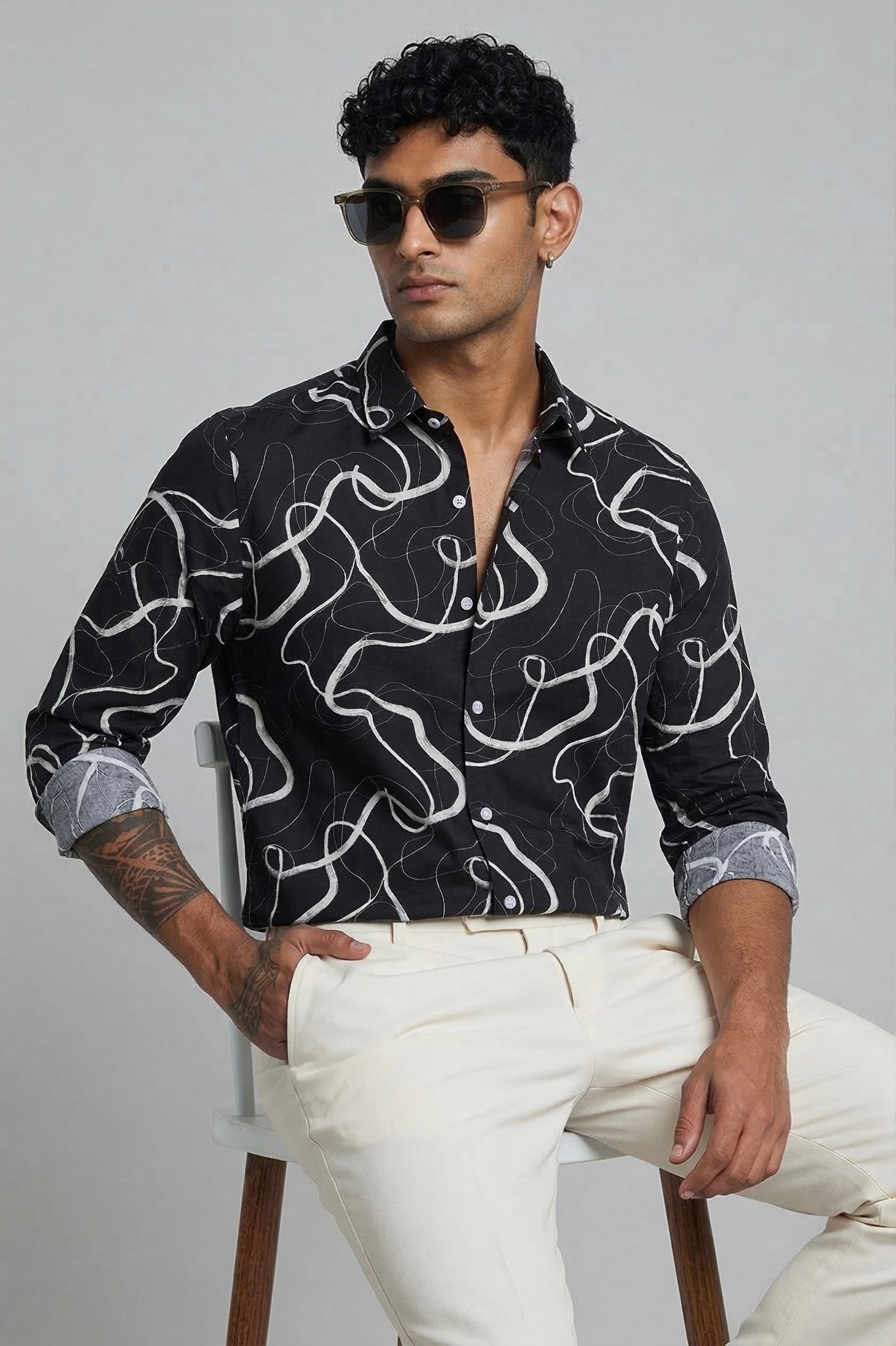 Threaded Black Minimal Line Abstract Rayon Shirt - Modern Streetwear Edition