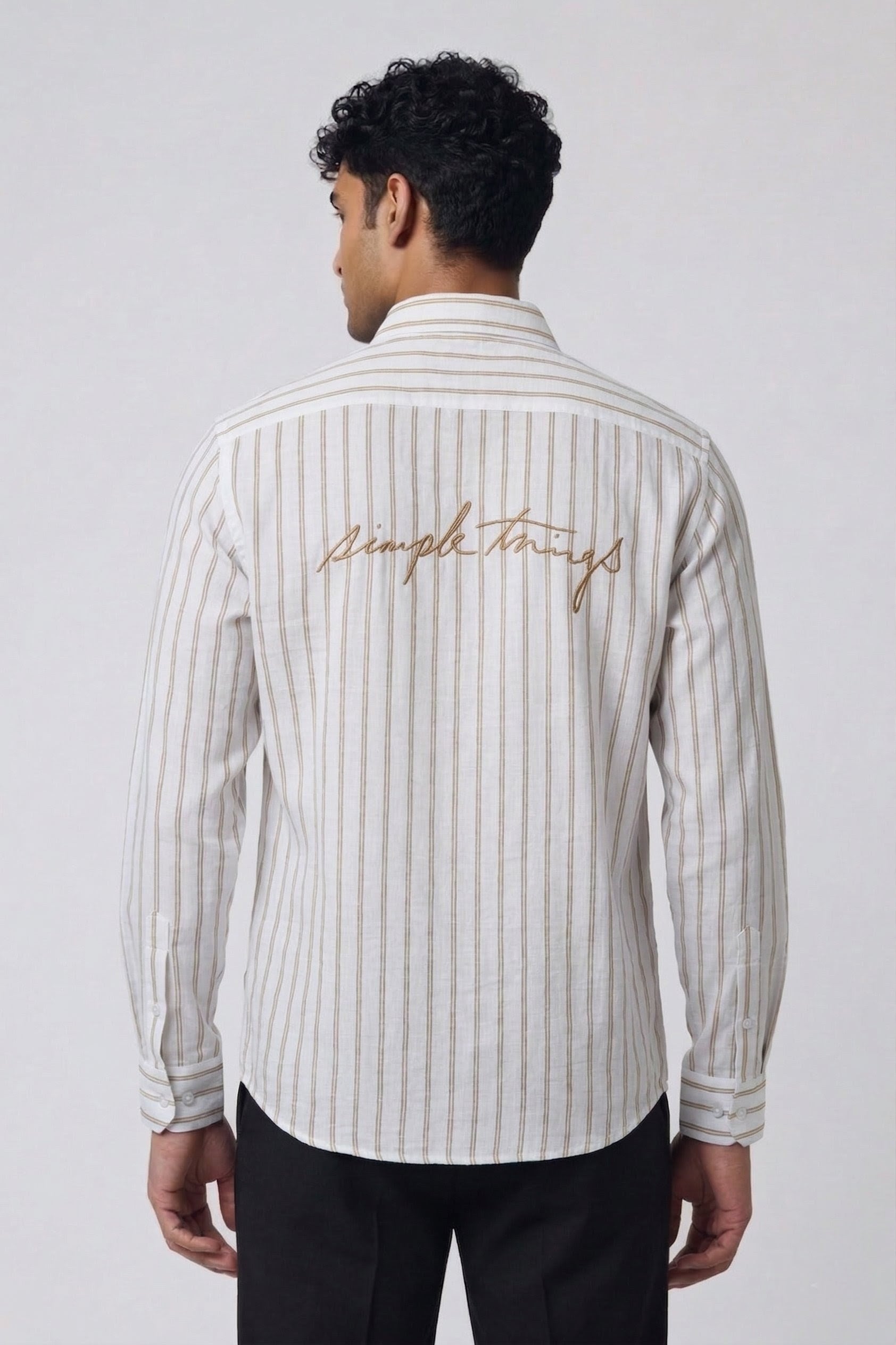 Threaded Beige Stripe Linen Cotton Shirt
