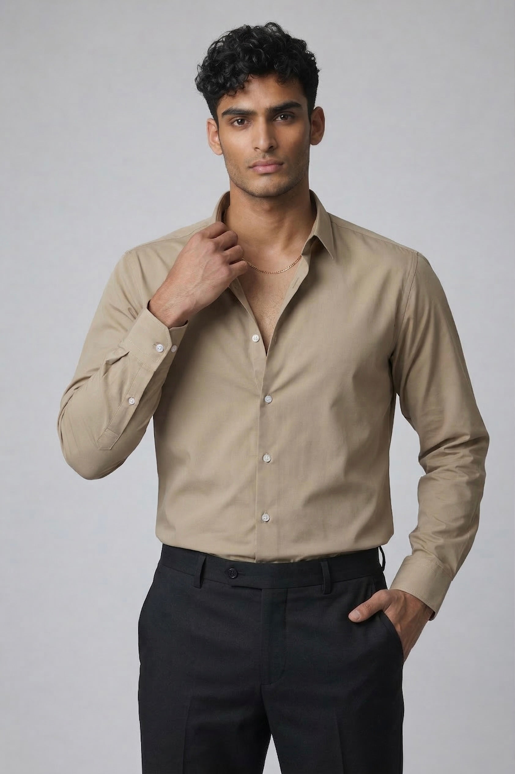 Threaded Beige Armani Fabric Shirt - Premium Minimal Streetwear