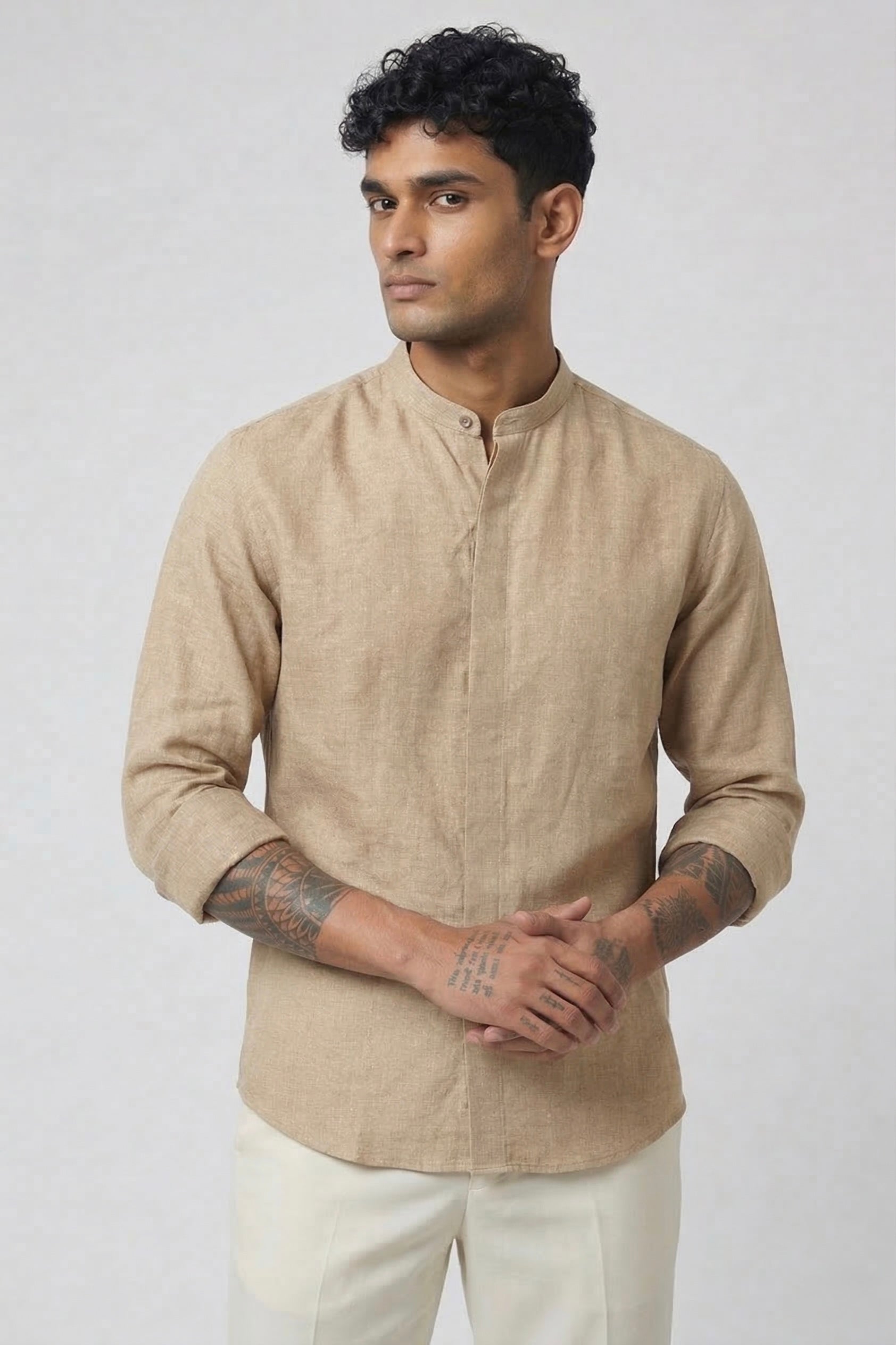 Threaded Desert Sand Linen-Blend Mandarin Shirt