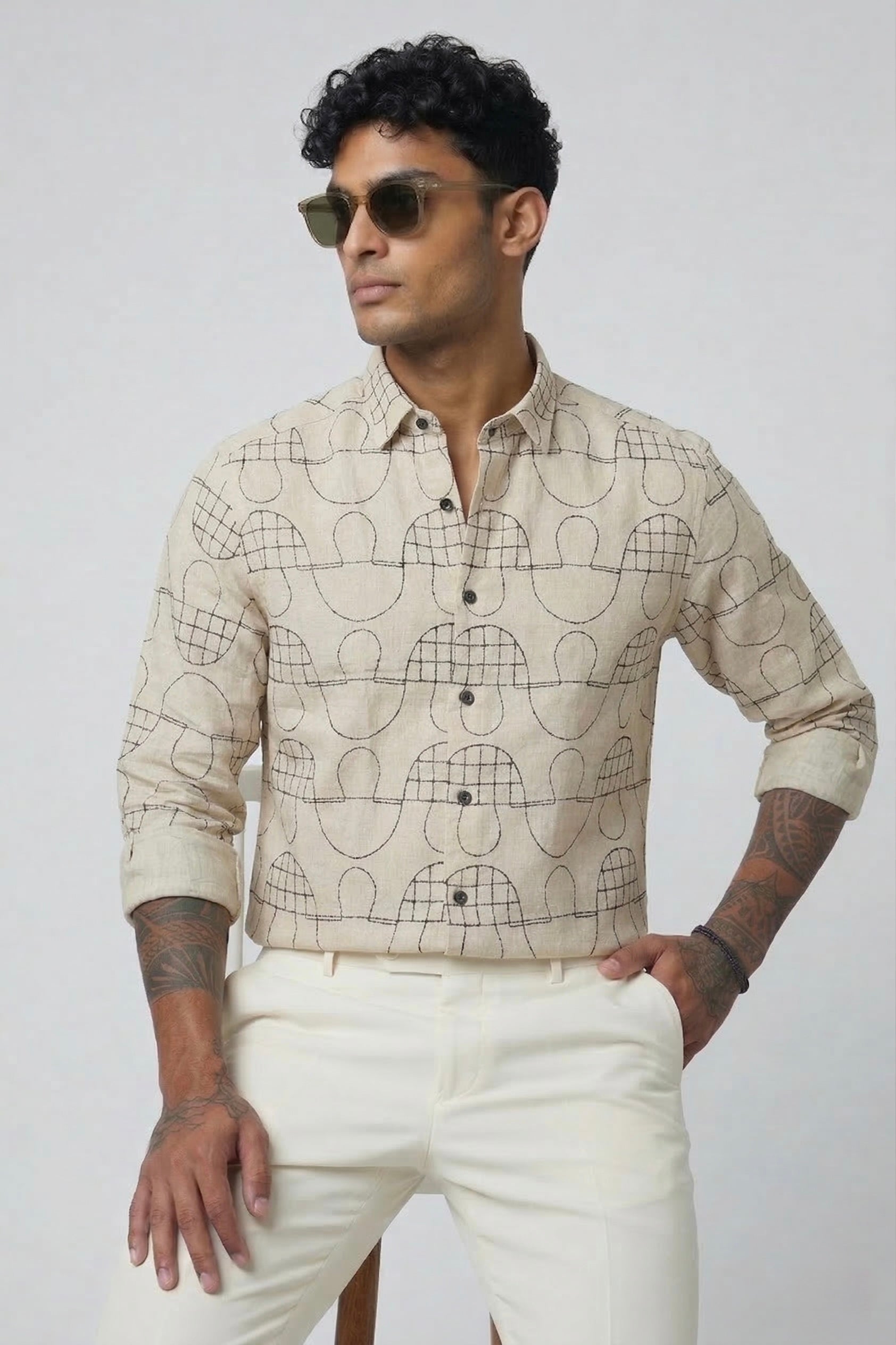 Threaded Geometric Embroidered Cotton Shirt - Premium Textured Streetwear
