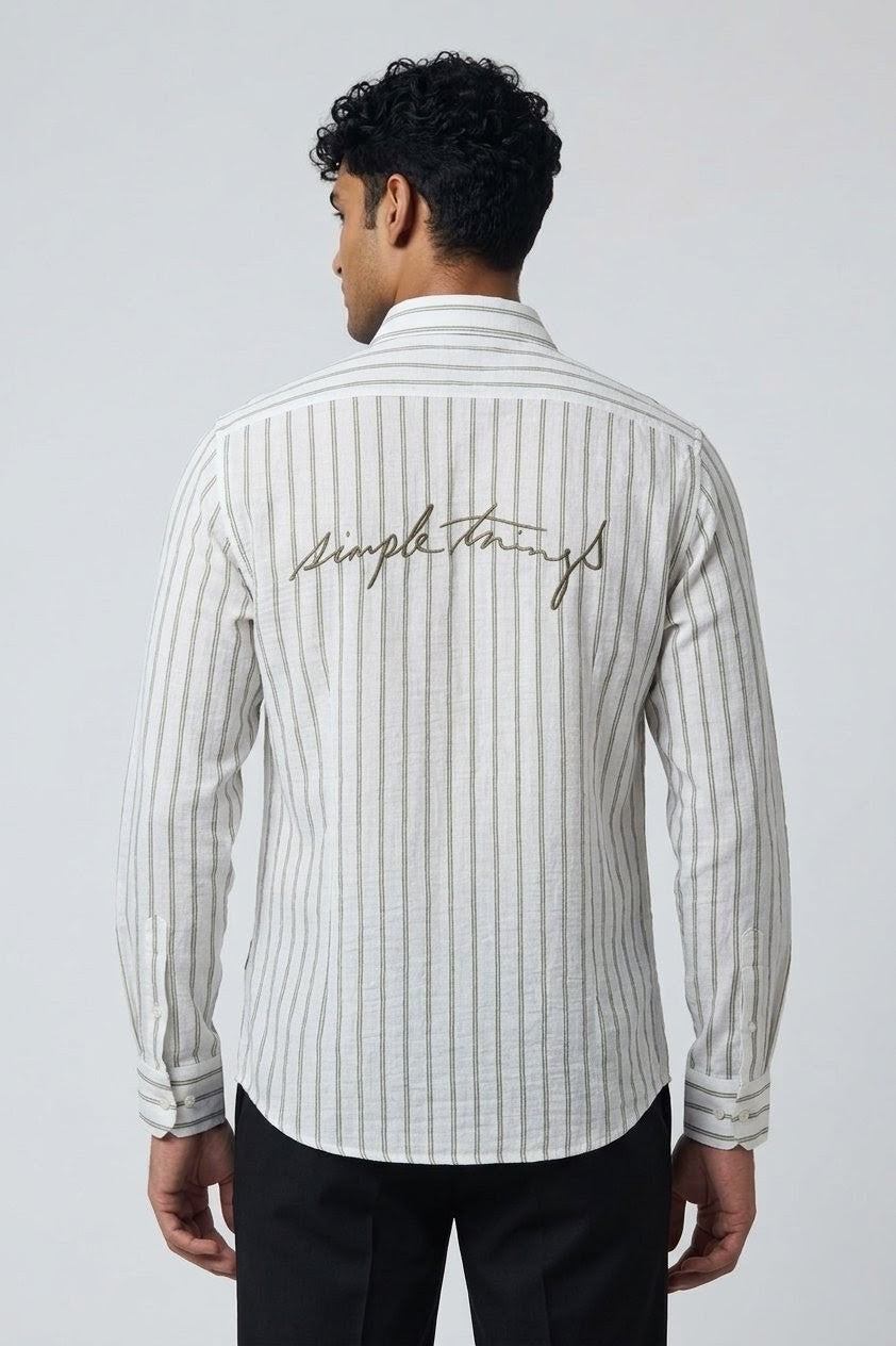 Threaded Olive Stripe Linen Cotton Shirt