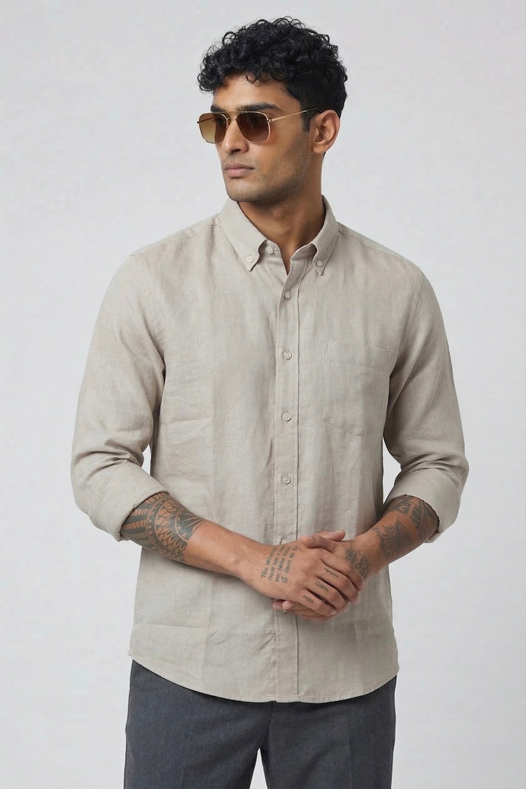 Threaded Beige Linen Shirt