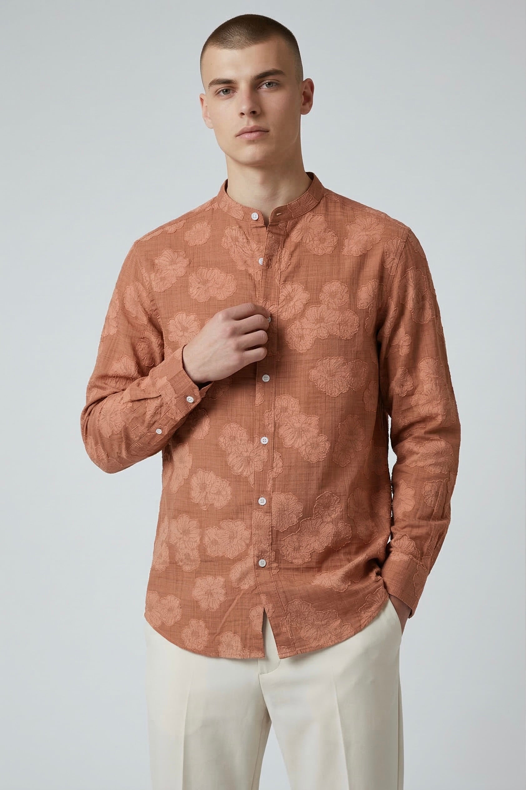 Threaded Rust Floral Textured Cotton Shirt