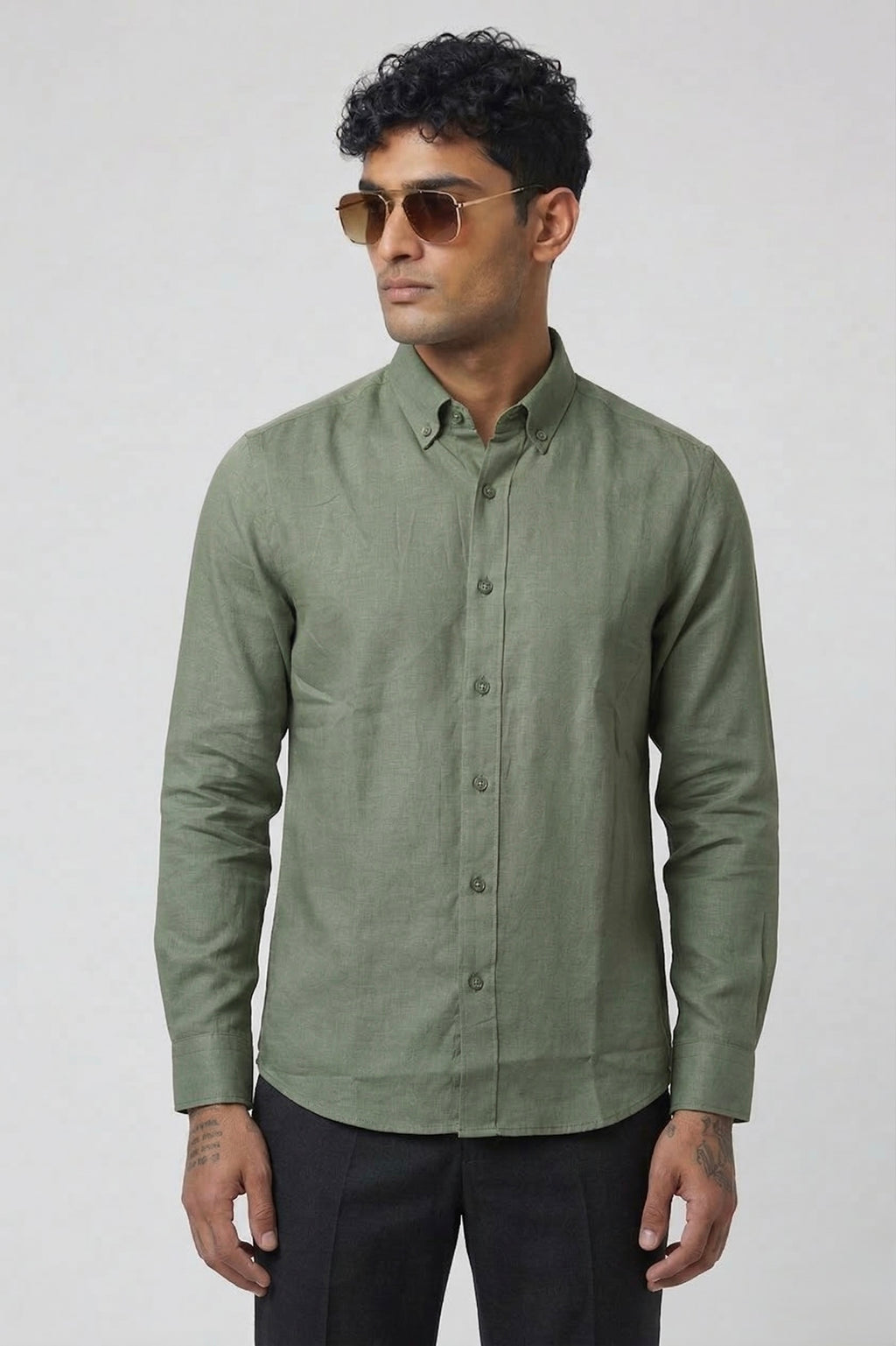 Threaded Olive Green Linen Shirt