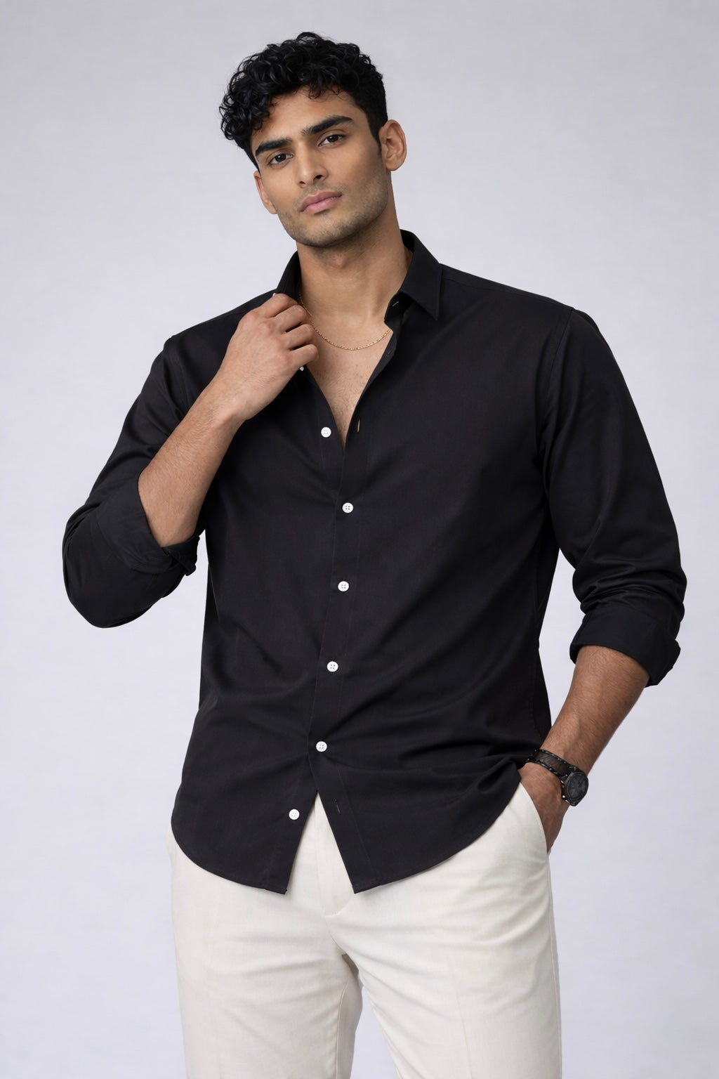 Threaded Black Armani Fabric Shirt - Premium Minimal Streetwear