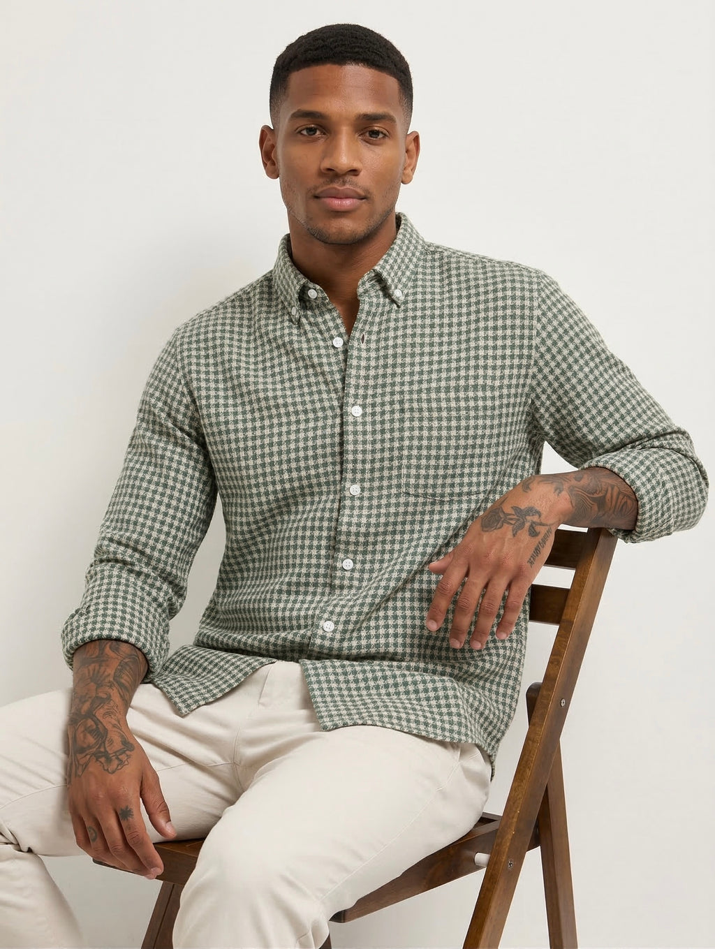 Threaded Brushed Check Shirt - Olive Beige Regular Fit