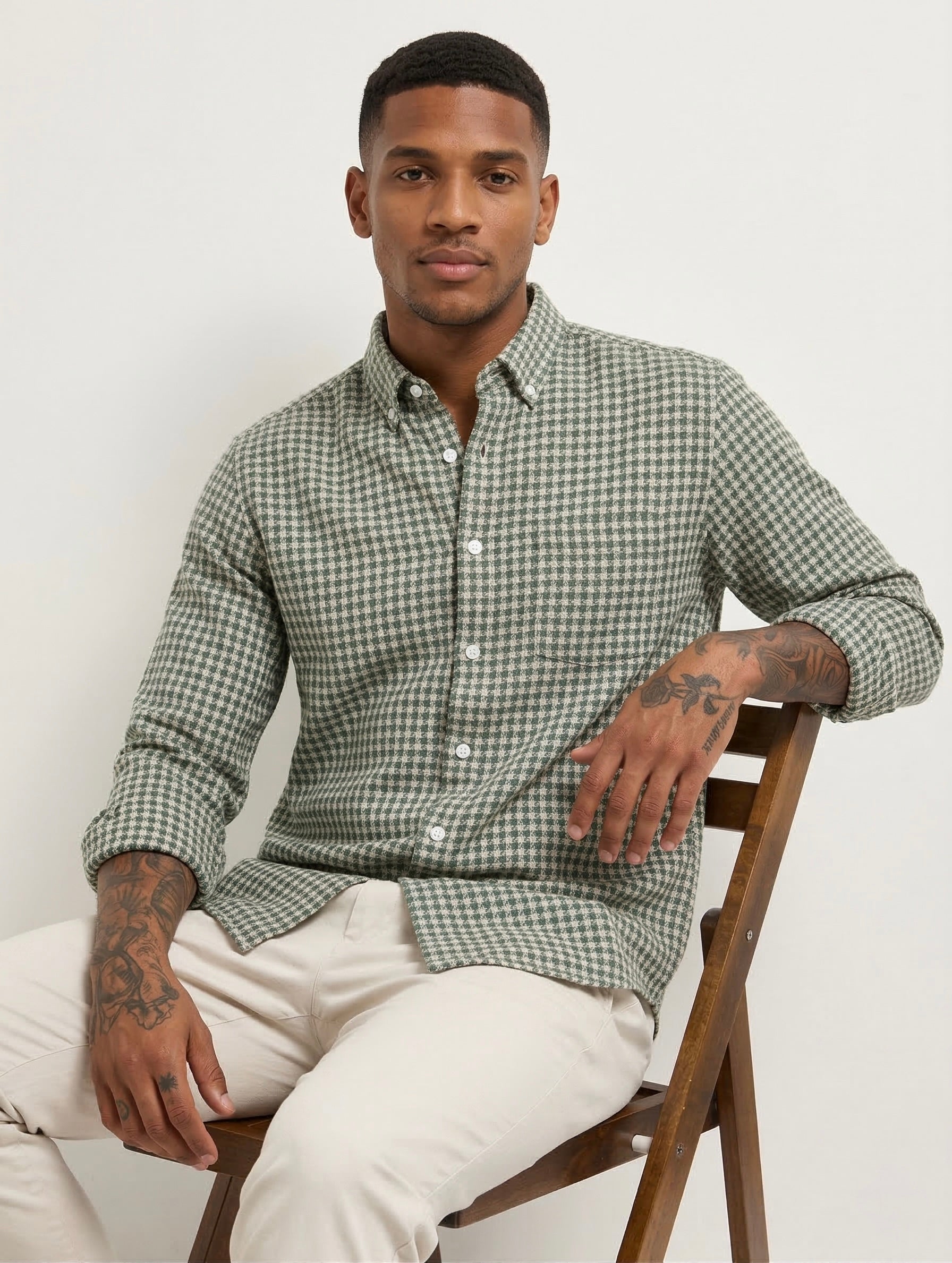 Threaded Brushed Check Shirt - Olive Beige Regular Fit