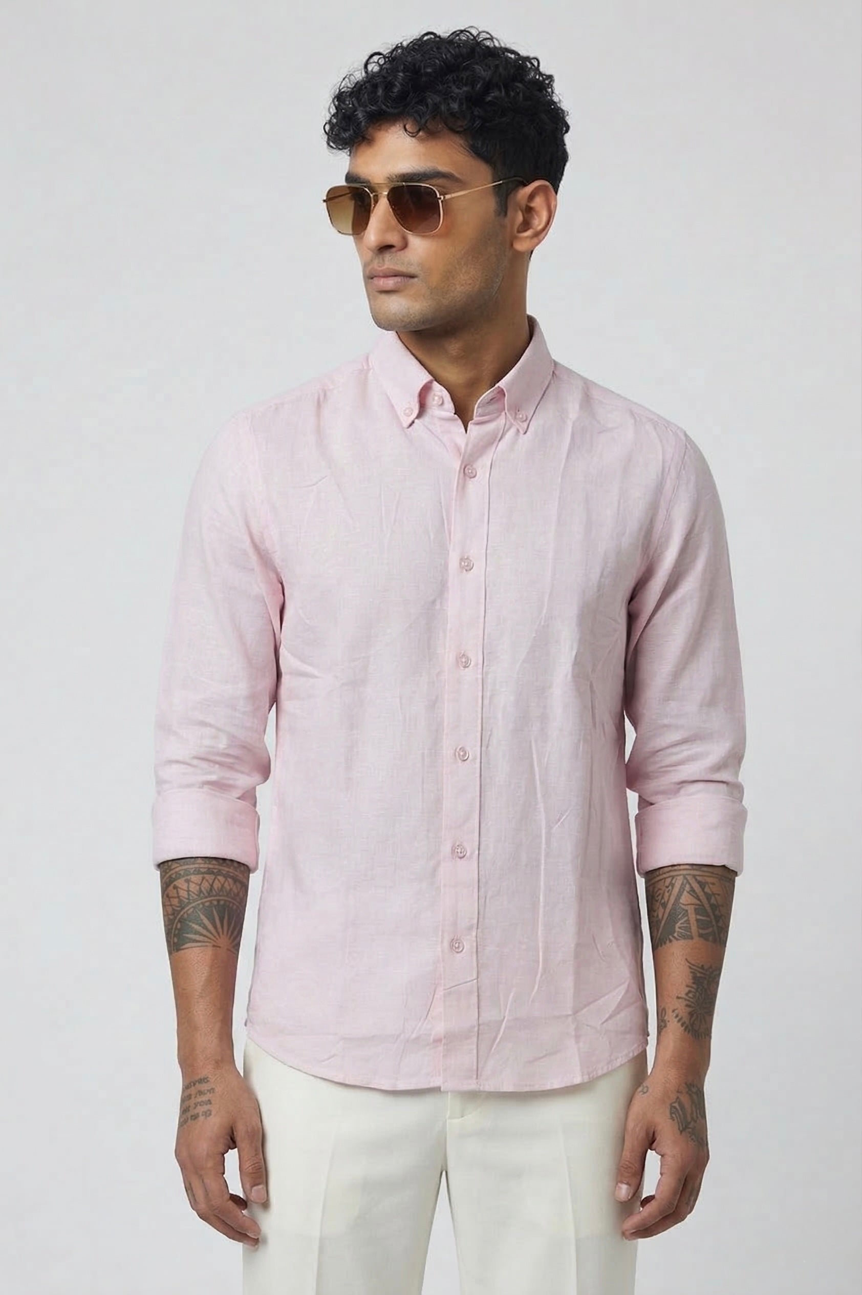 Threaded Light Pink Linen Shirt