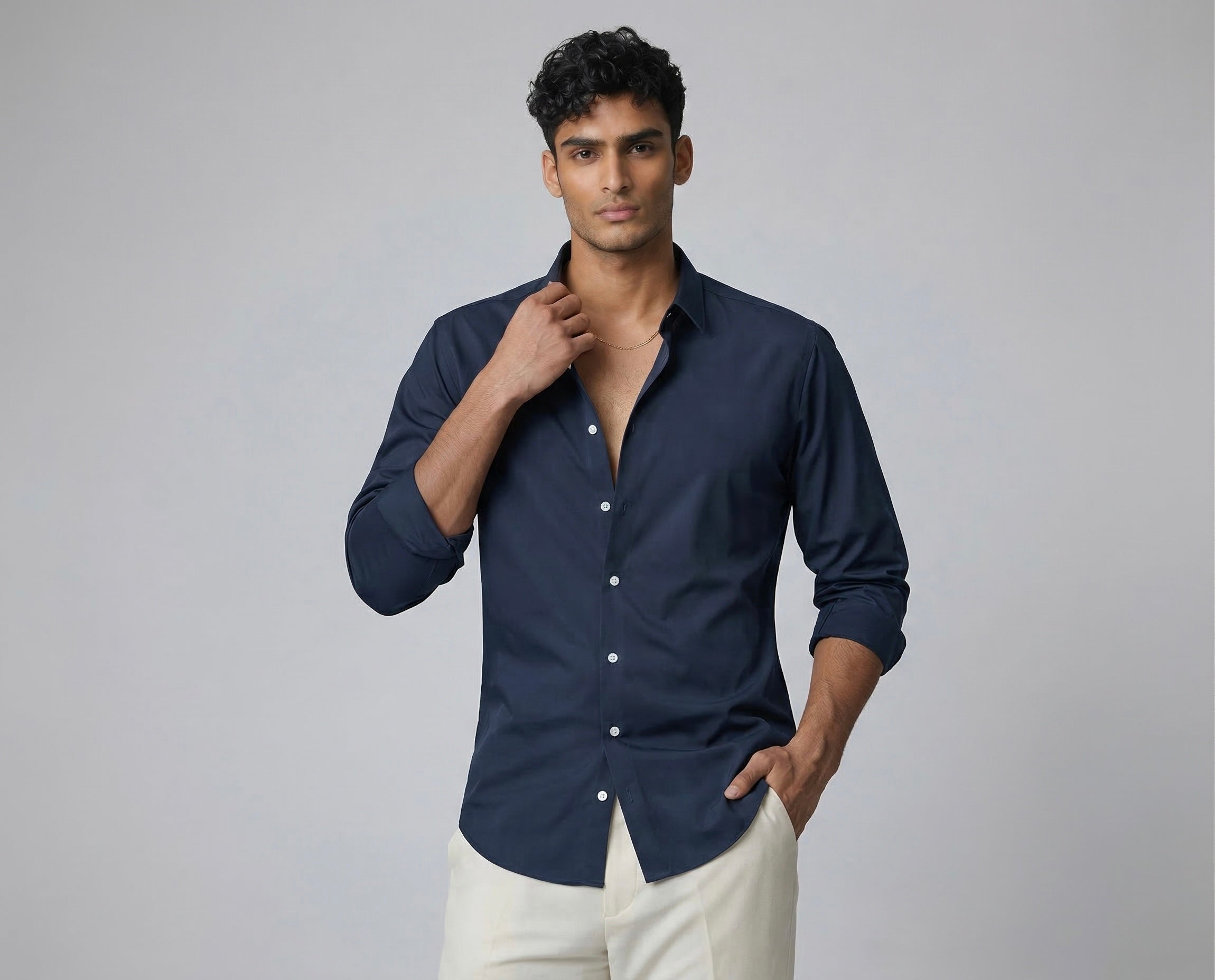 Men’s Navy Blue Armani Fabric Regular Fit Shirt – Premium Minimal Streetwear