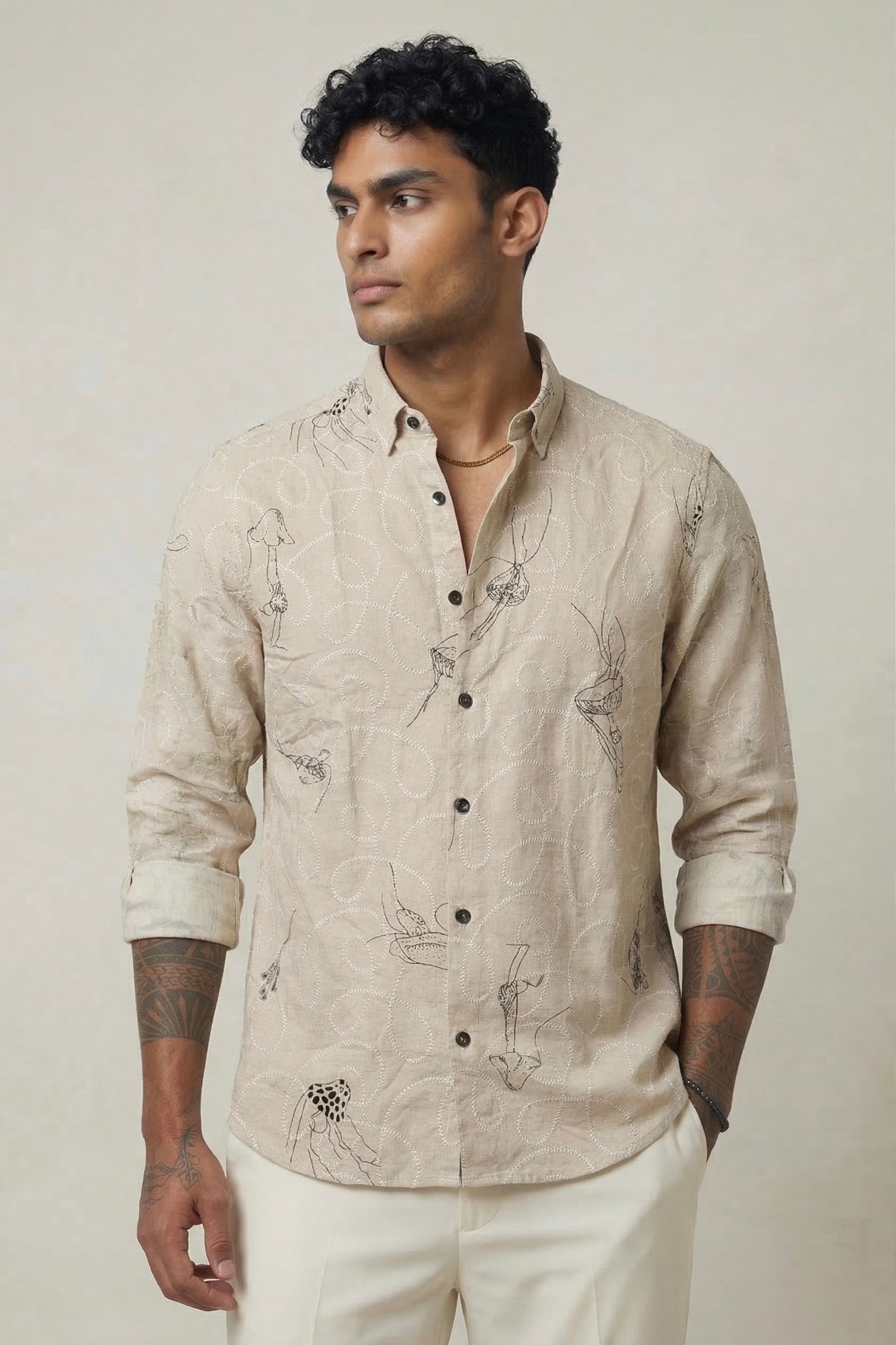 Threaded Beige Embroidered Cotton Shirt - Premium Textured Streetwear