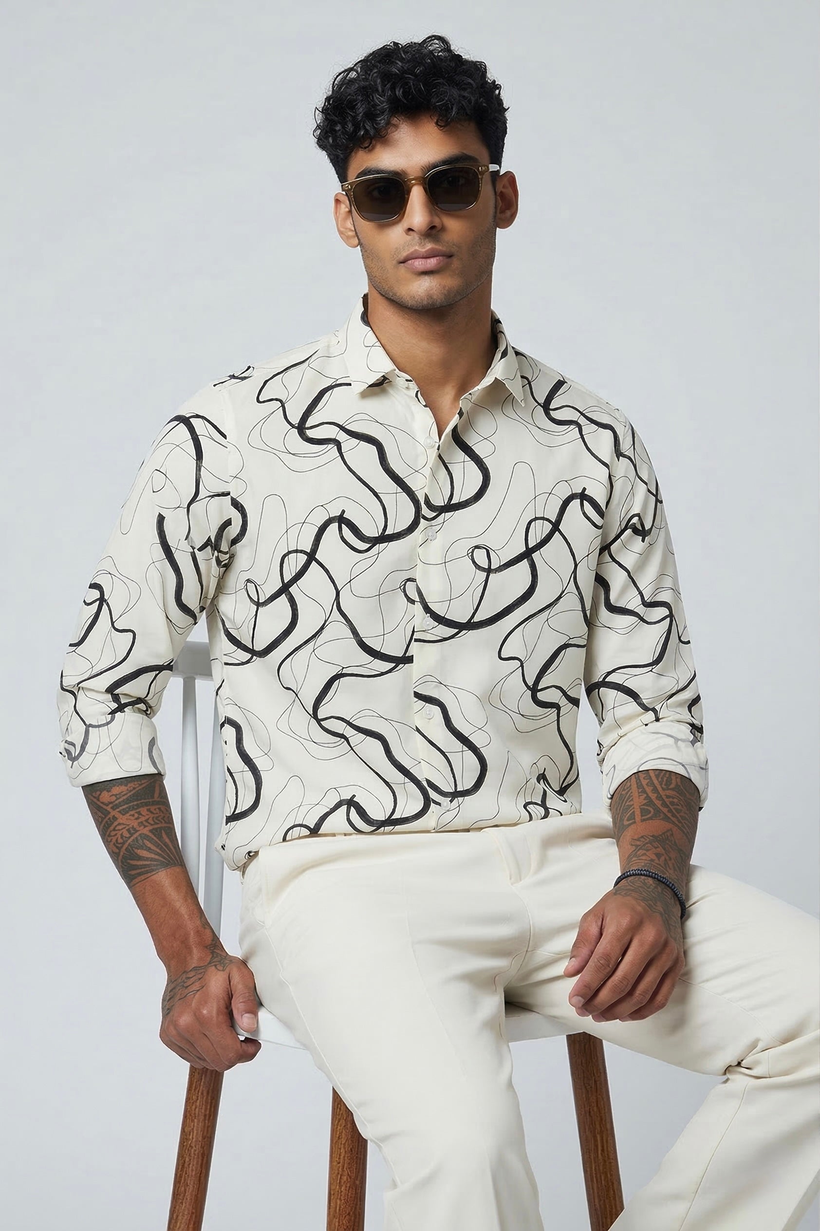 Threaded Minimal Line Abstract Rayon Shirt - Modern Streetwear Edition