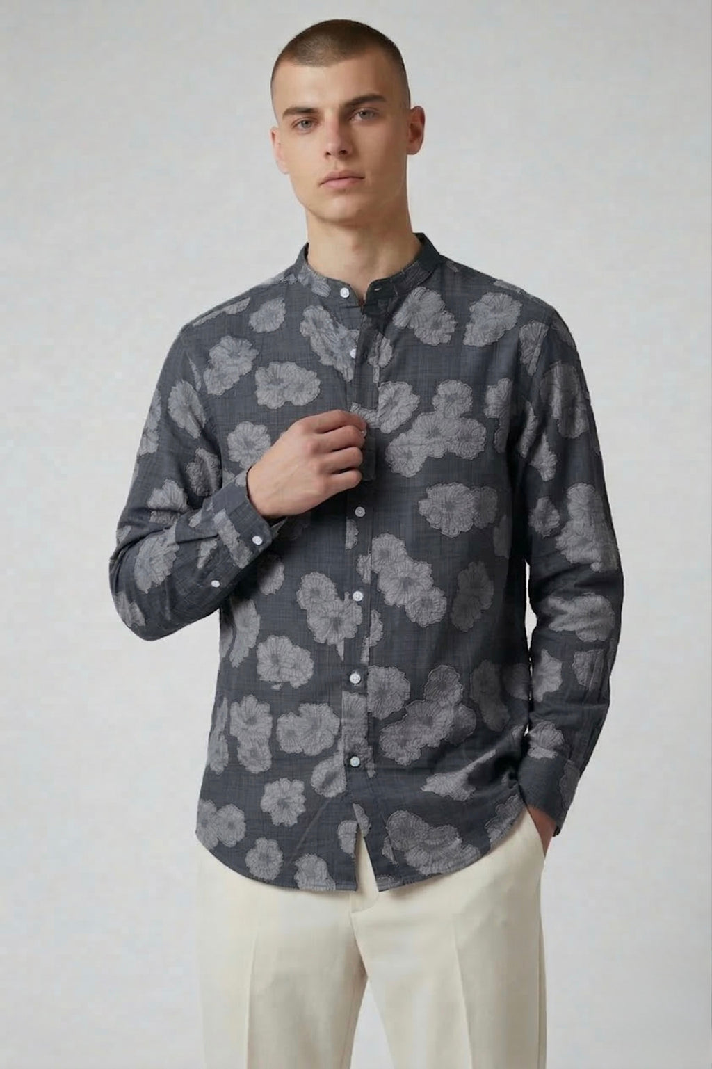 Threaded Charcoal Floral Textured Cotton Shirt